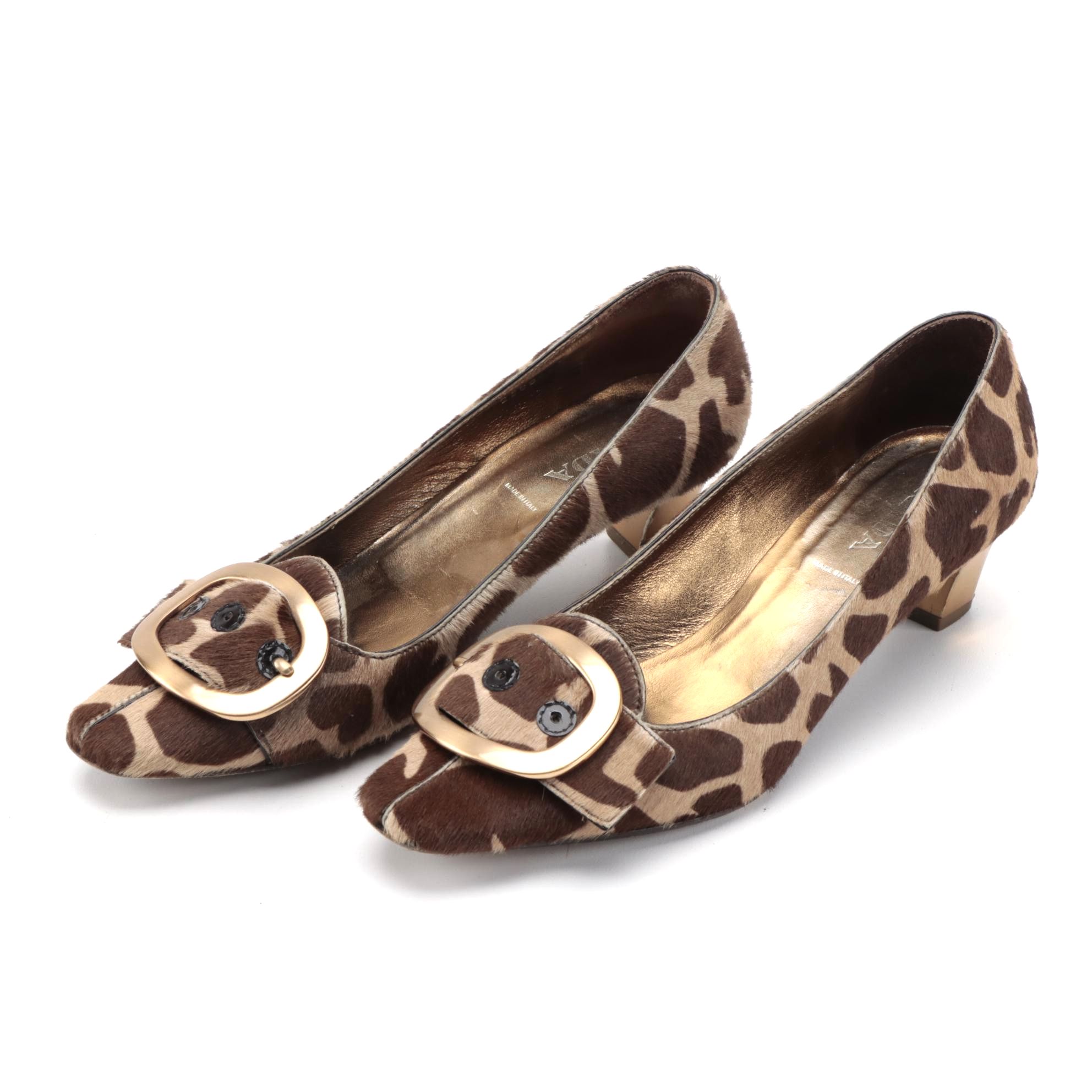 Prada Giraffe Print Calf Hair Pumps with Buckle Accents