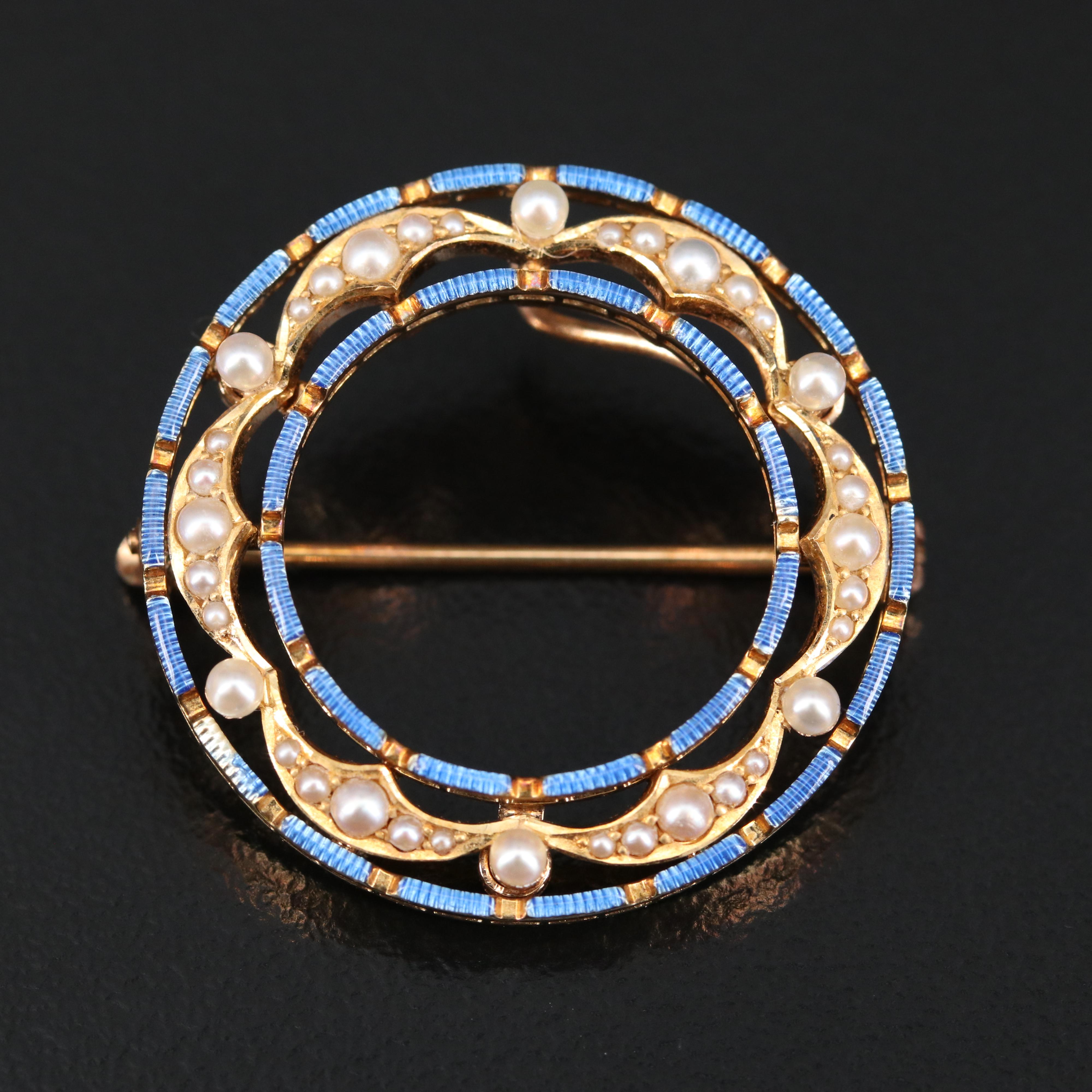 Art Nouveau Krementz 14K Seed Pearl and Enamel Circle Brooch with Watch Hook