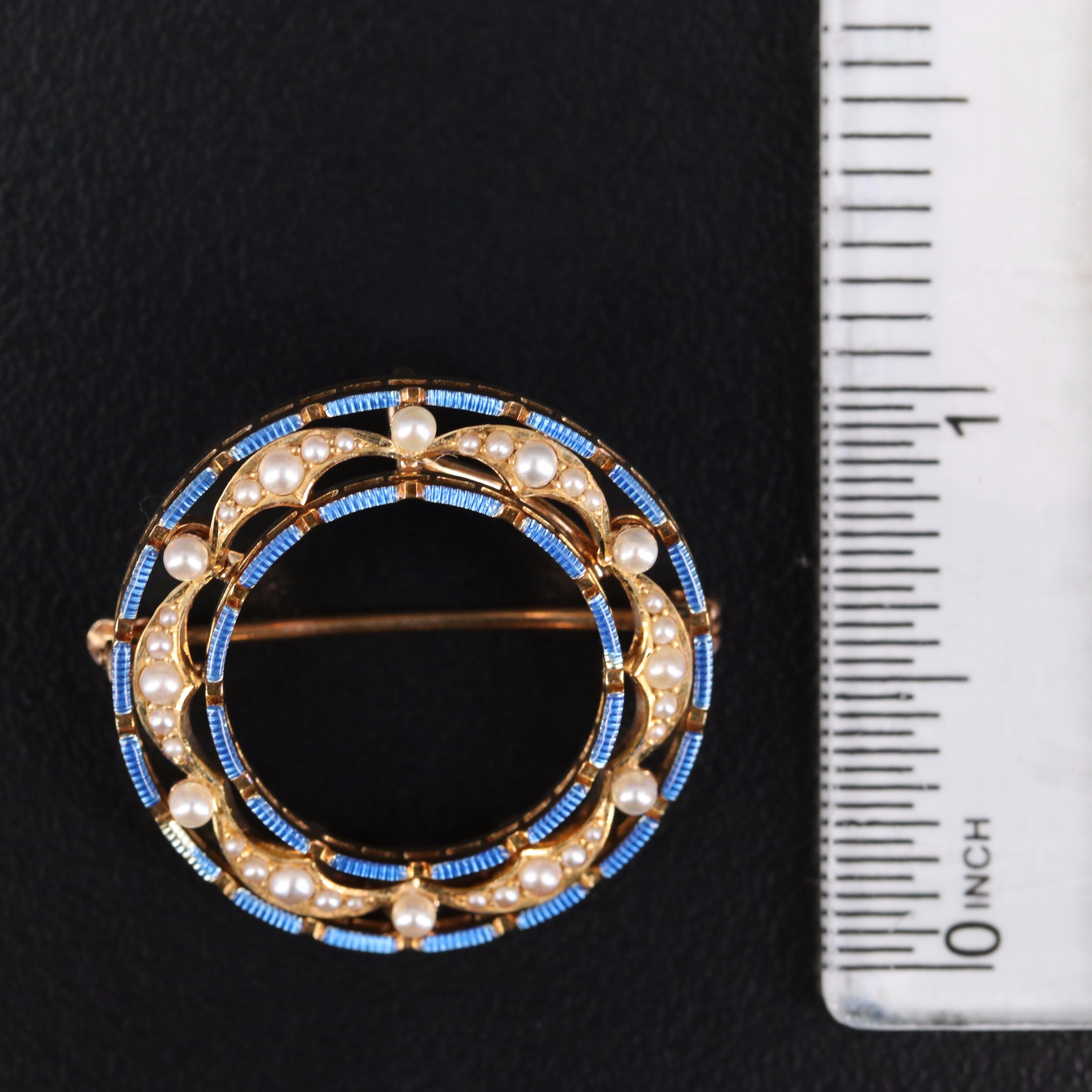 Art Nouveau Krementz 14K Seed Pearl and Enamel Circle Brooch with Watch Hook
