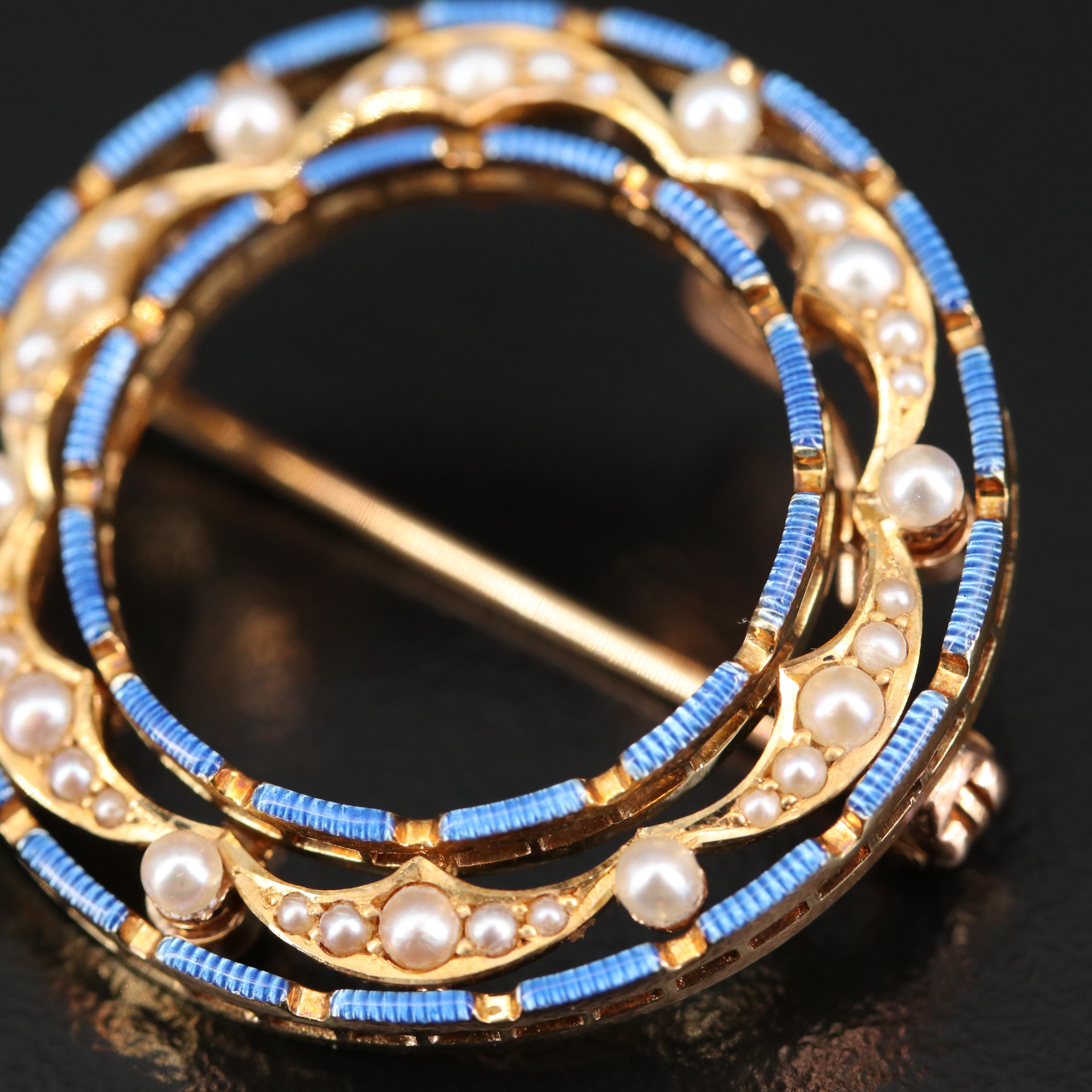 Art Nouveau Krementz 14K Seed Pearl and Enamel Circle Brooch with Watch Hook