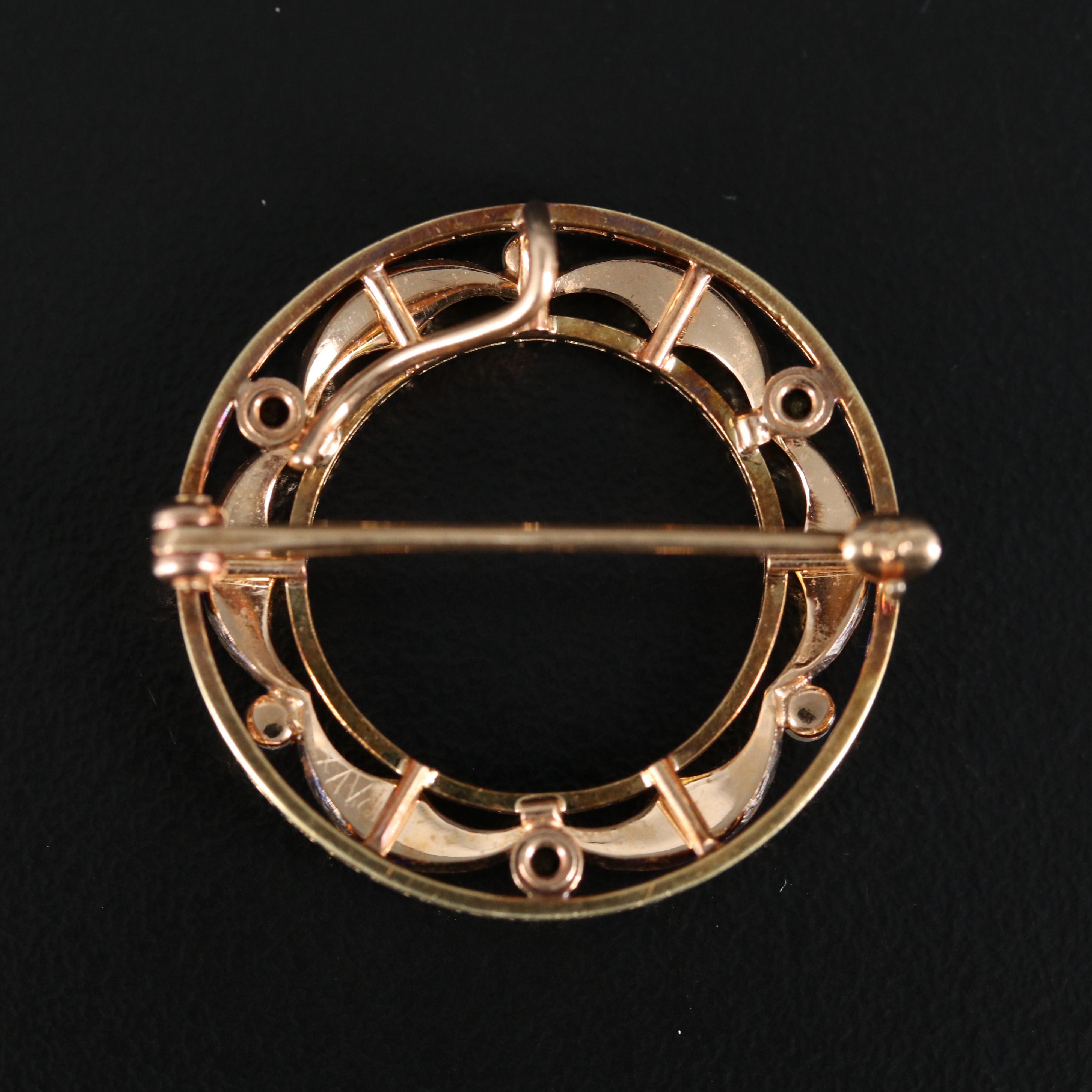 Art Nouveau Krementz 14K Seed Pearl and Enamel Circle Brooch with Watch Hook
