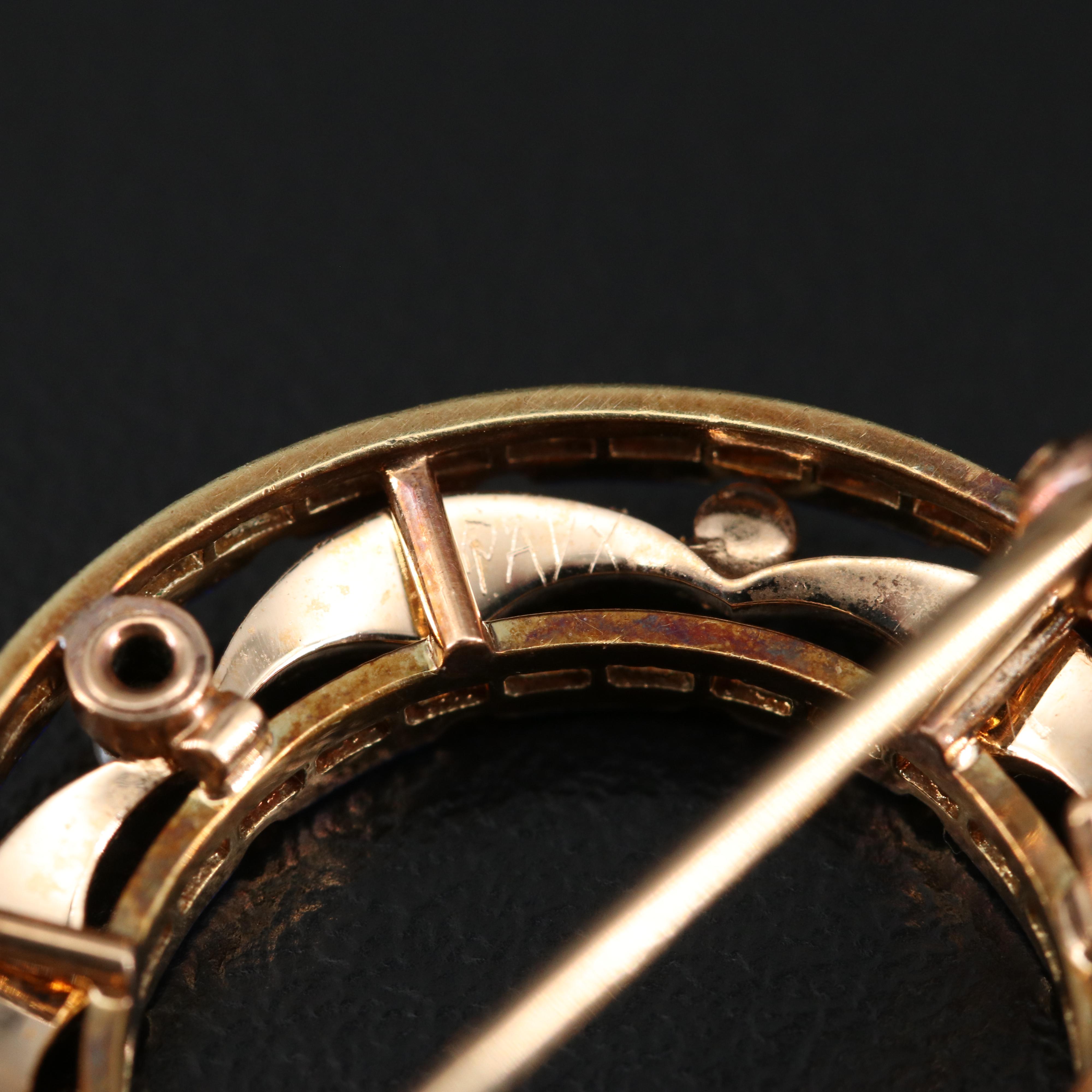 Art Nouveau Krementz 14K Seed Pearl and Enamel Circle Brooch with Watch Hook