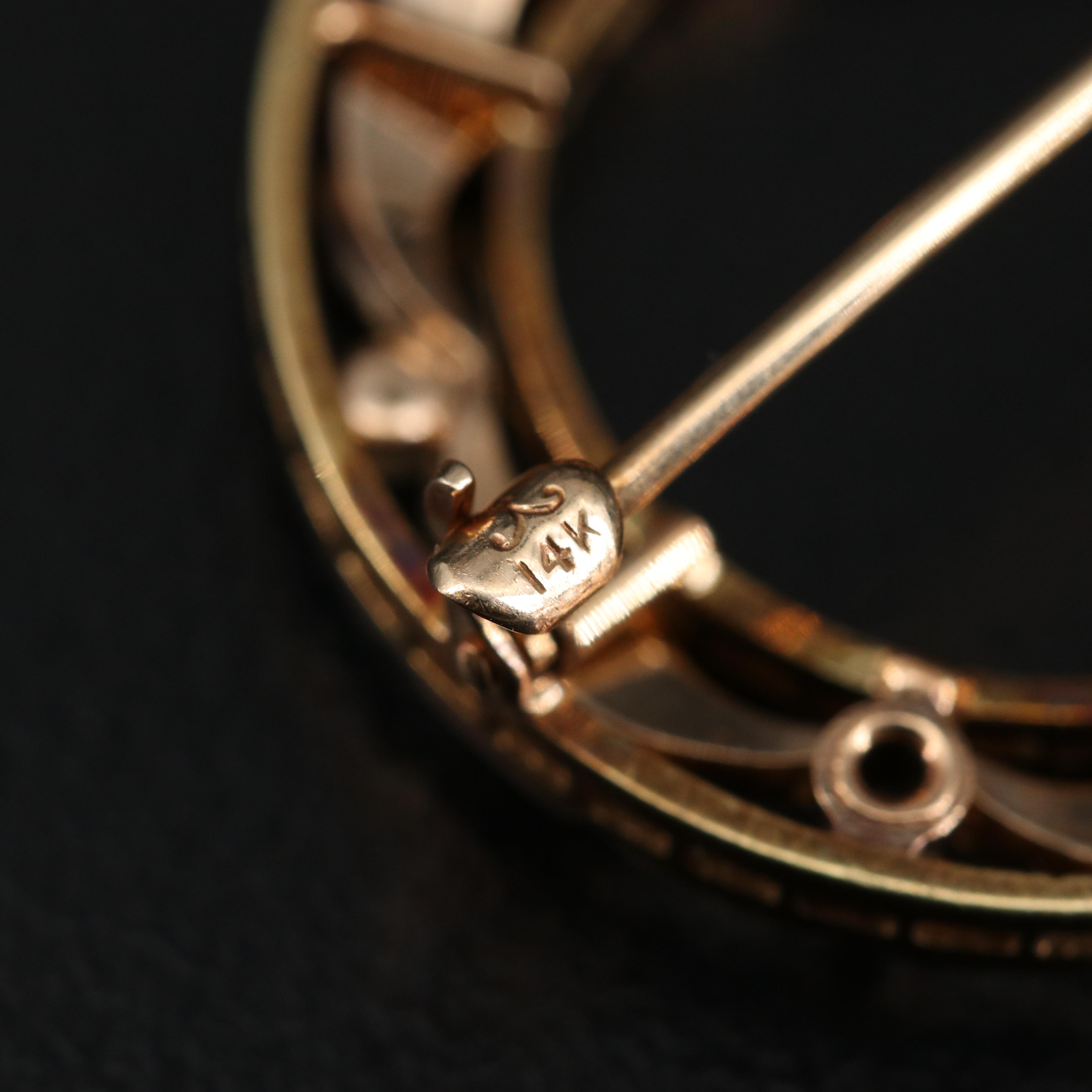 Art Nouveau Krementz 14K Seed Pearl and Enamel Circle Brooch with Watch Hook