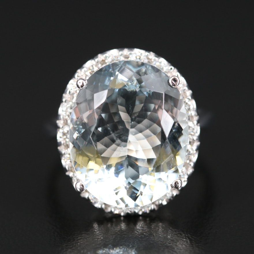 14K 12.59 CT Aquamarine and Diamond Halo Ring