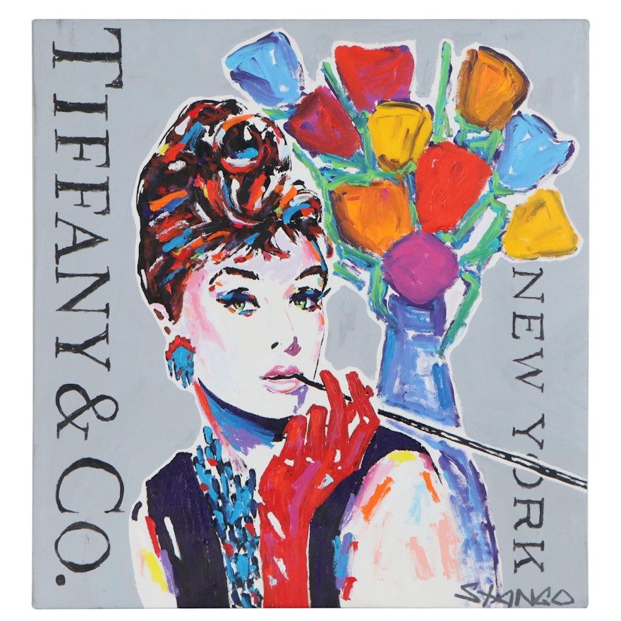 John Stango Pop Art Acrylic Painting of Audrey Hepburn with Flowers