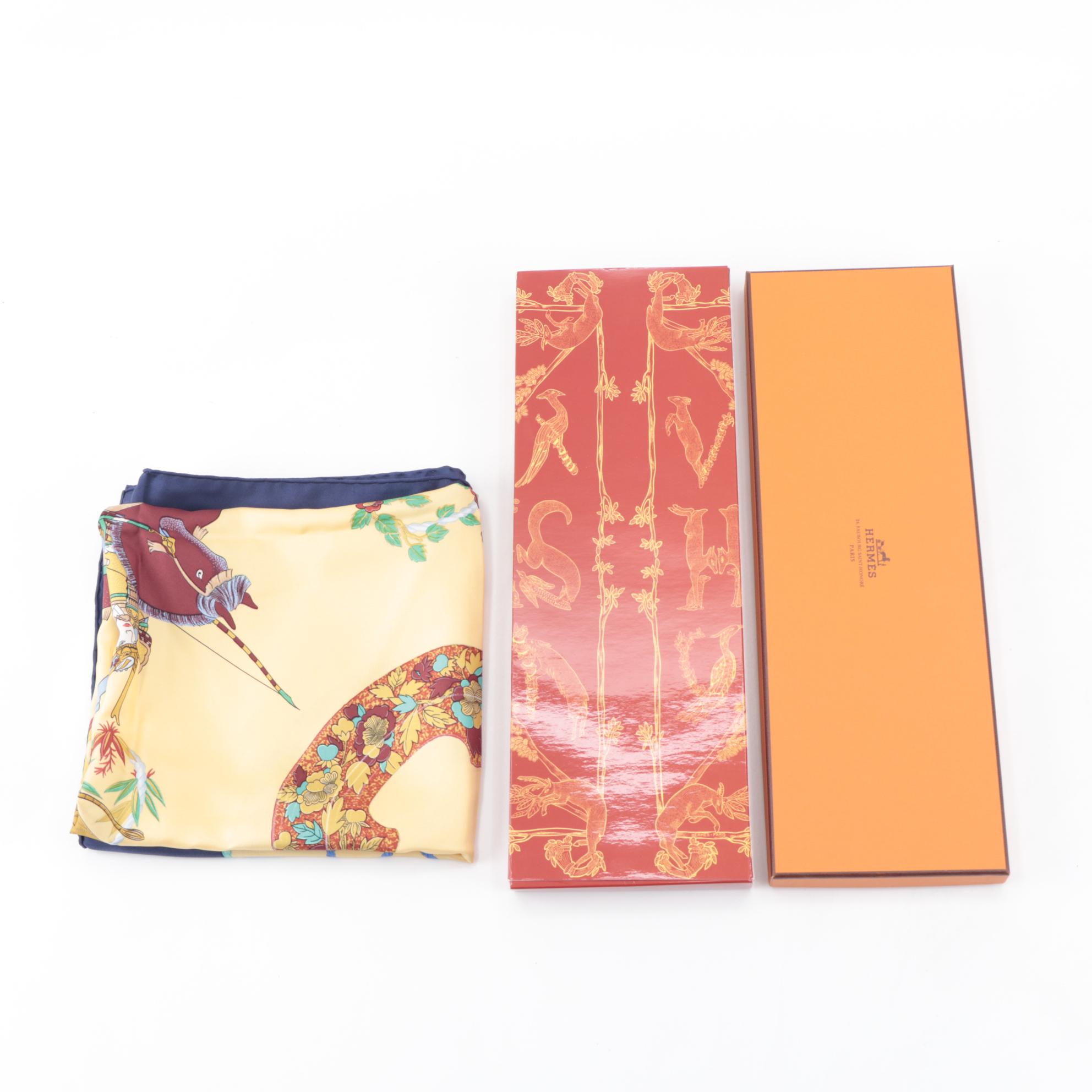 Hermès "Samouraï" Silk Twill Scarf with Box and Gift Box