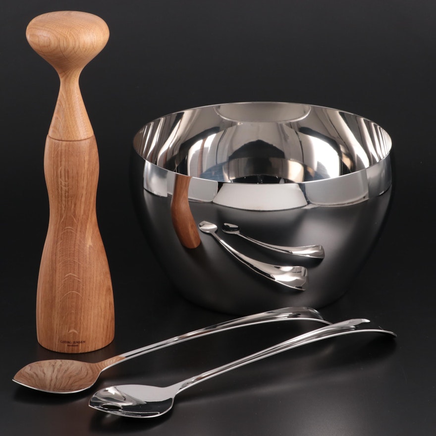 Georg Jensen "Cafu" Stainless Steel Bowl, Salad Servers and Wooden Pepper Mill