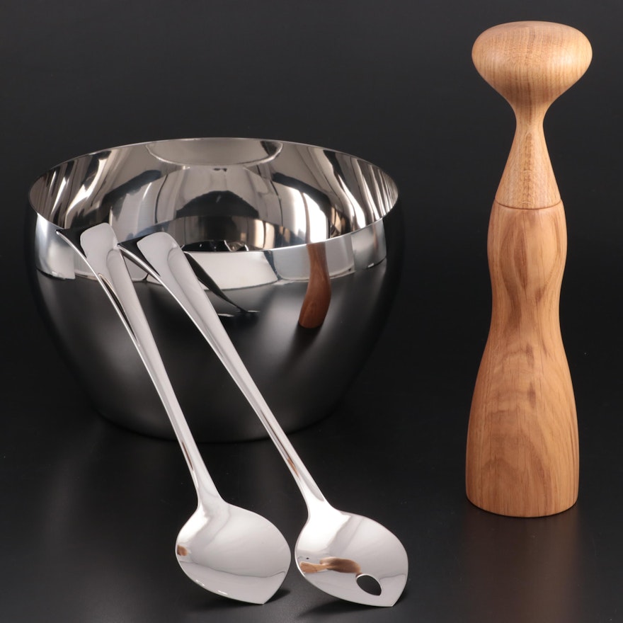 Georg Jensen "Cafu" Stainless Steel Bowl, Salad Servers and Wooden Pepper Mill