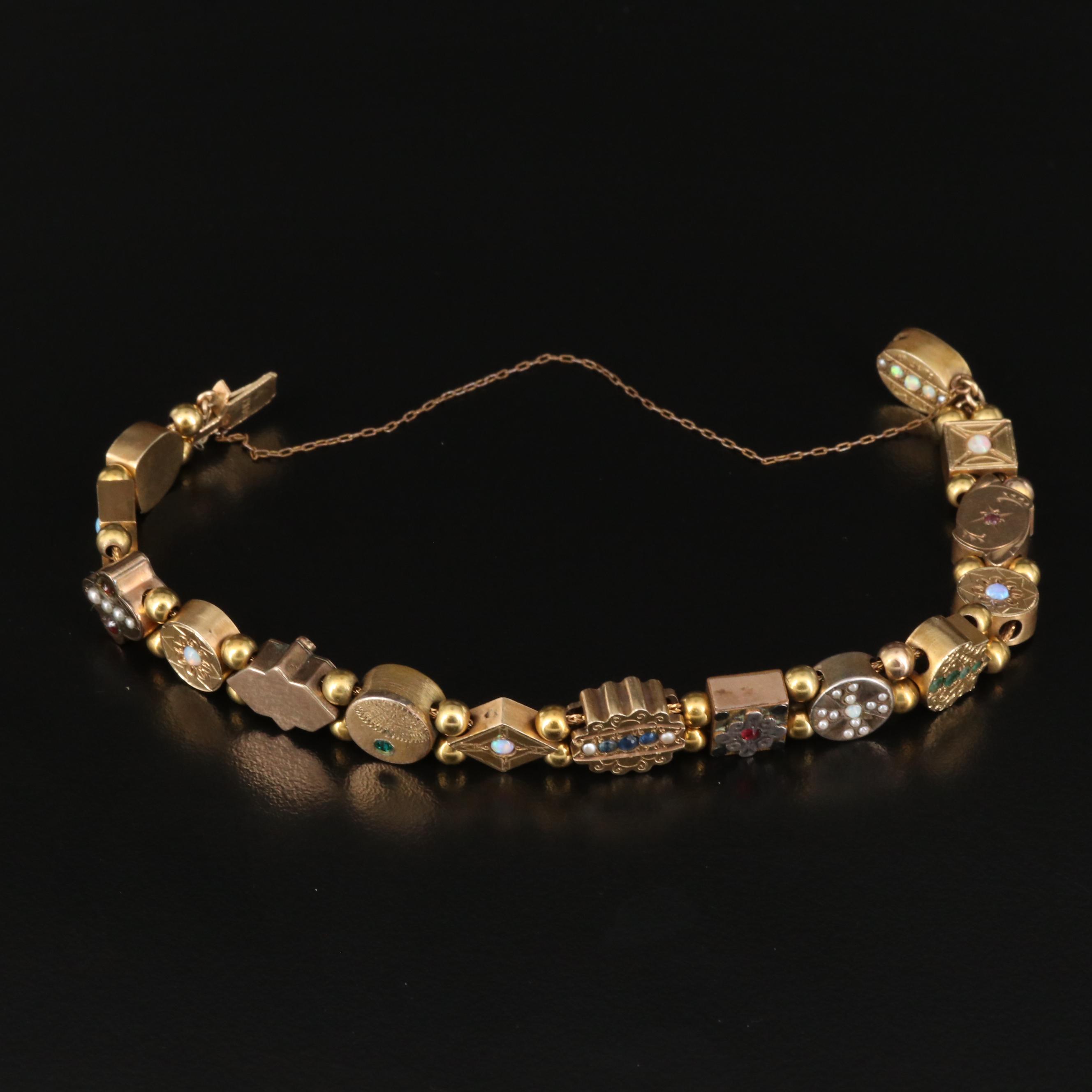 Vintage 14K Gemstone Charm Bracelet with 14K, 10K and Sterling Charms