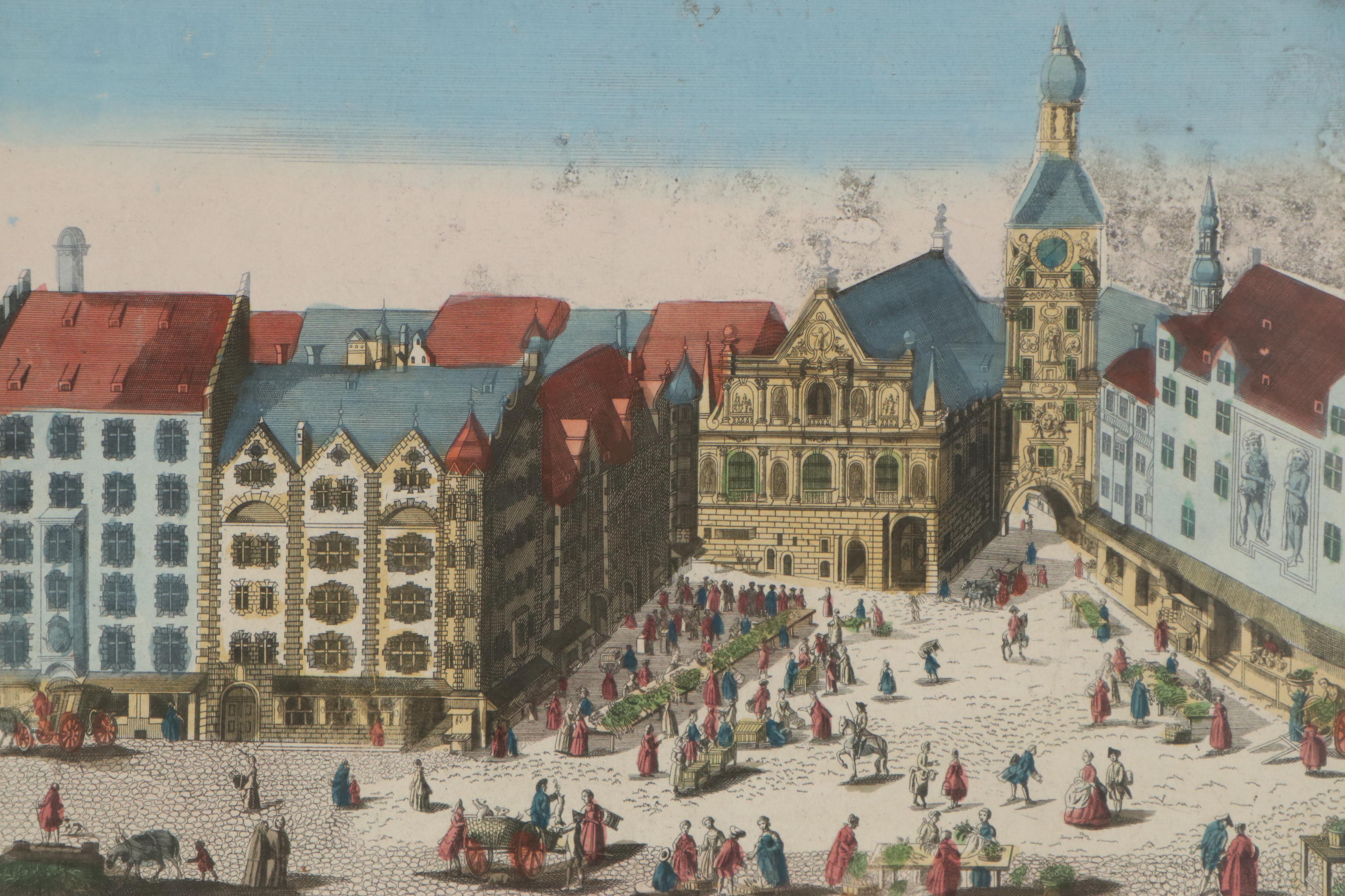 Georg Probst Hand-Colored Engraving of Munich Marketplace, Late 18th Century