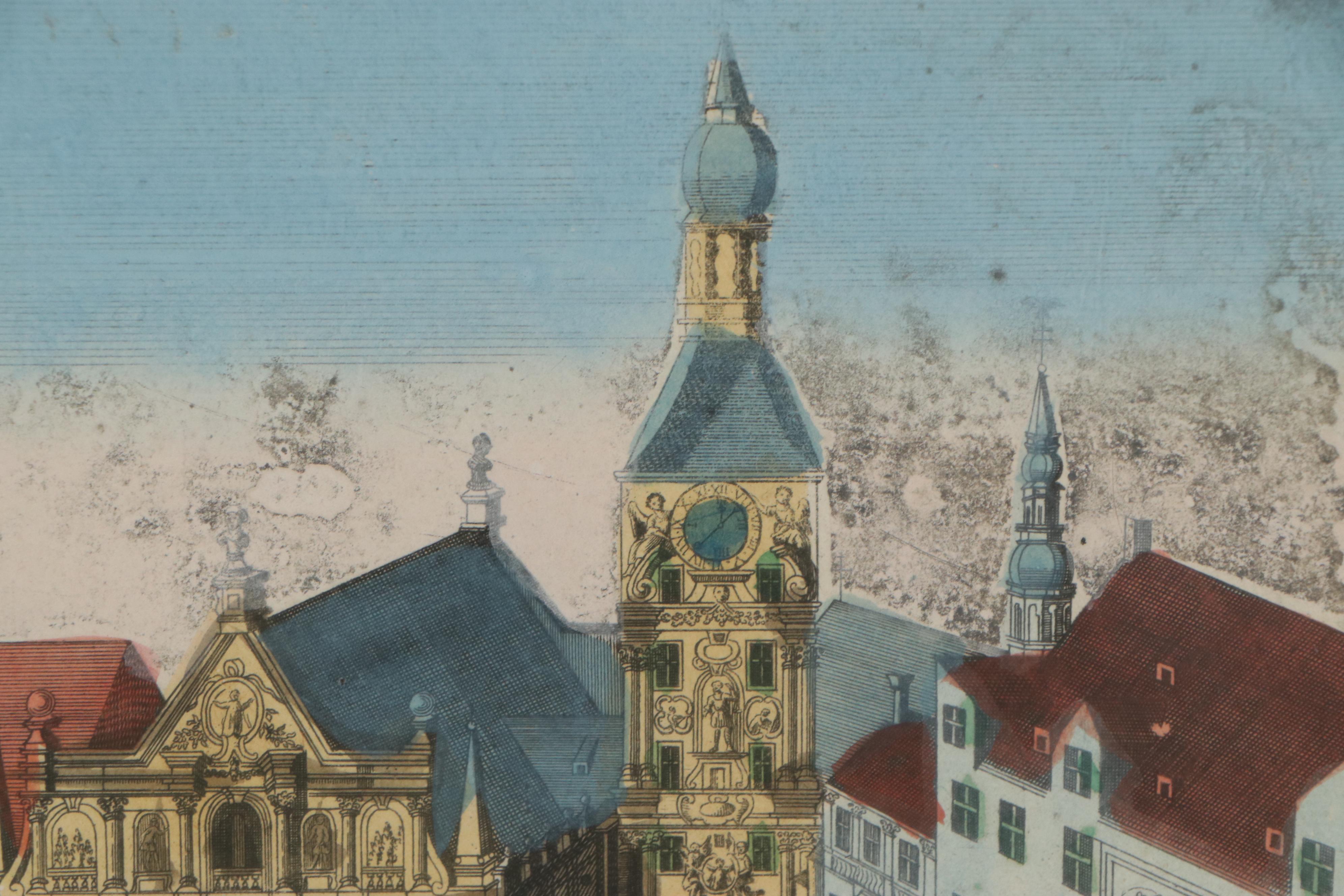 Georg Probst Hand-Colored Engraving of Munich Marketplace, Late 18th Century