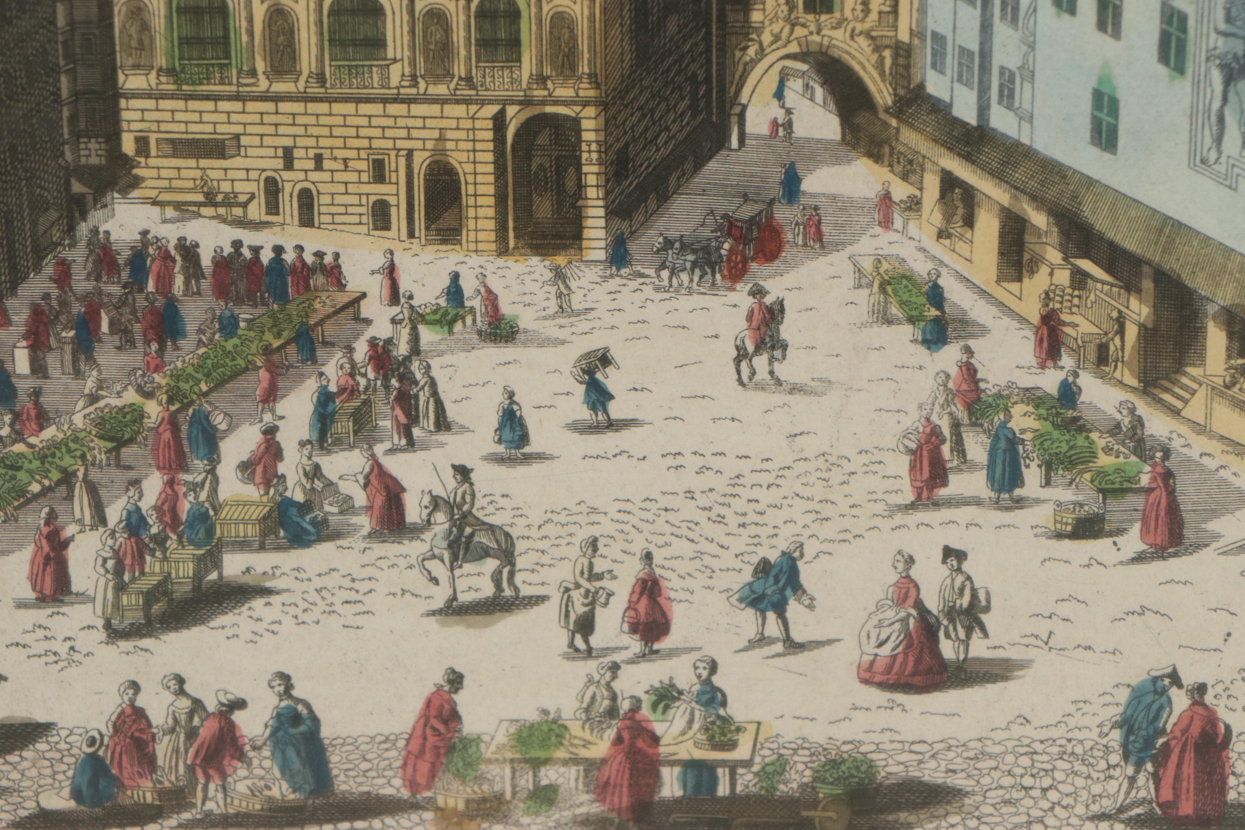Georg Probst Hand-Colored Engraving of Munich Marketplace, Late 18th Century
