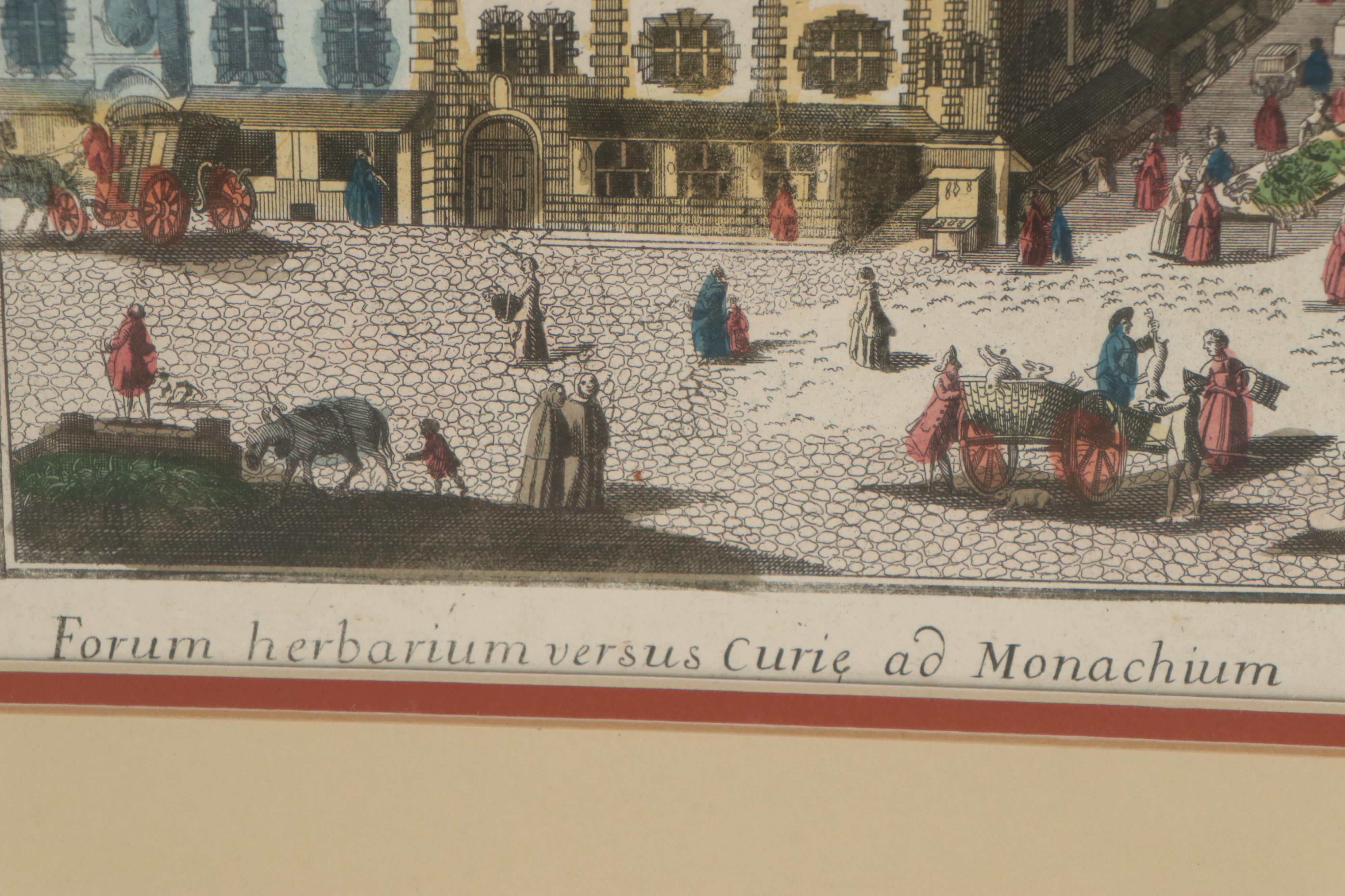 Georg Probst Hand-Colored Engraving of Munich Marketplace, Late 18th Century