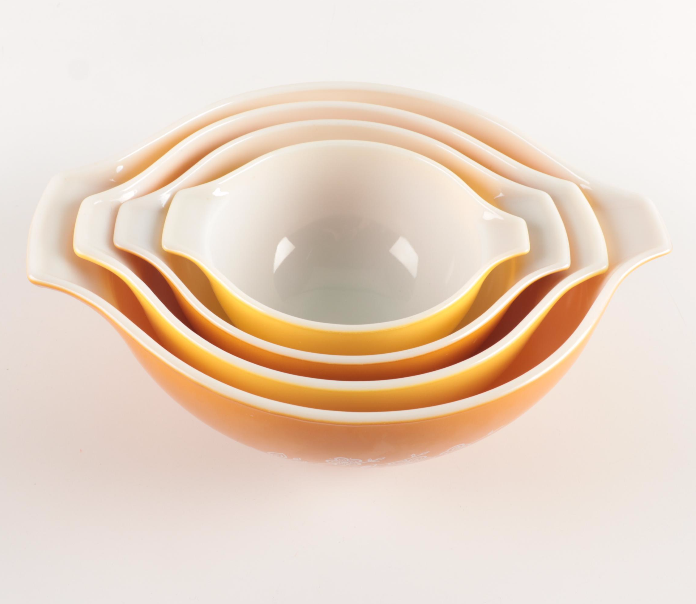 Pyrex "Butterfly Gold" Glass Cinderella and Mixing Bowls, 1979–1981