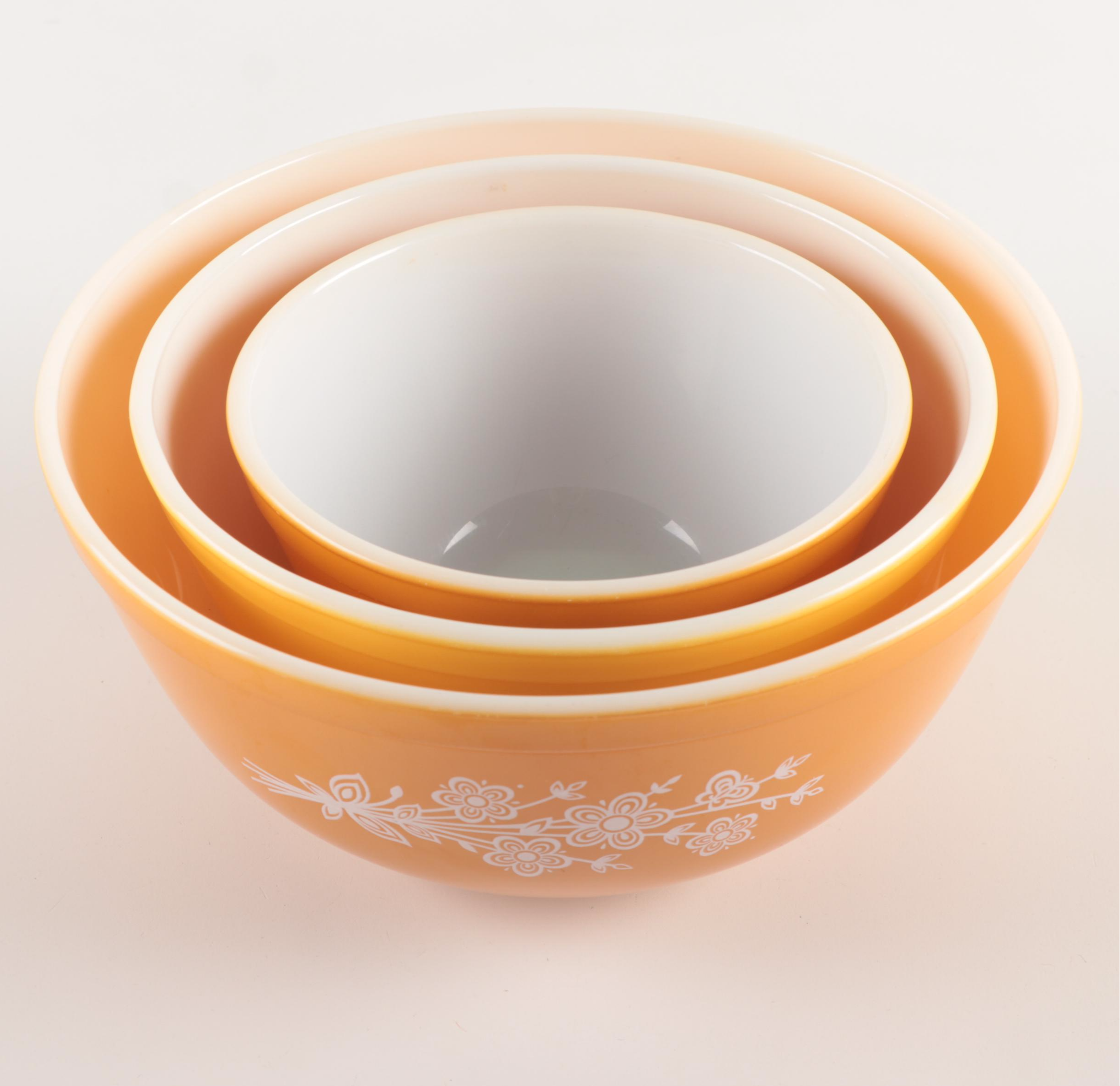 Pyrex "Butterfly Gold" Glass Cinderella and Mixing Bowls, 1979–1981