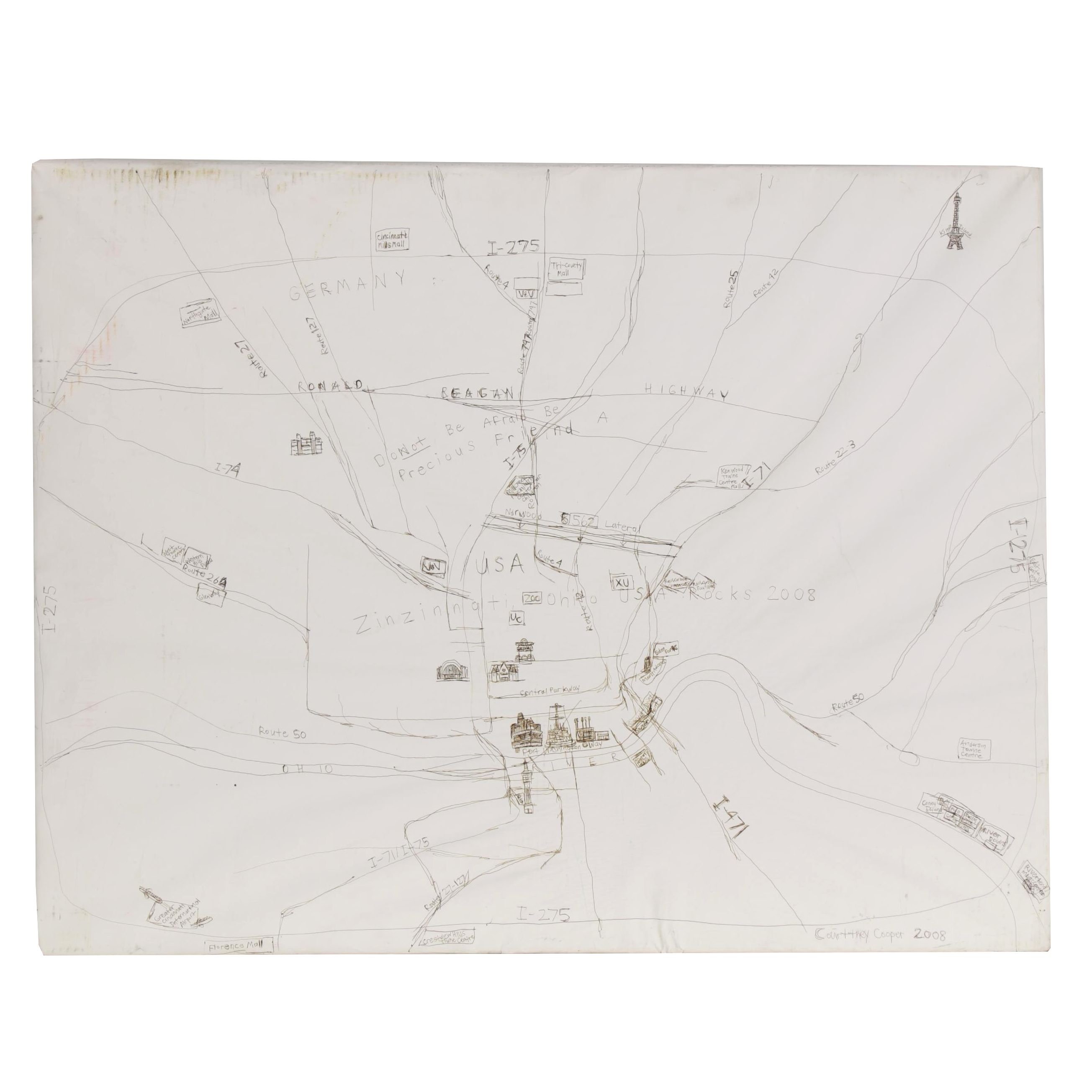 Courttney Cooper Large-Scale Ink Drawing Map "Zinzinnati, Ohio USA Rocks," 2008
