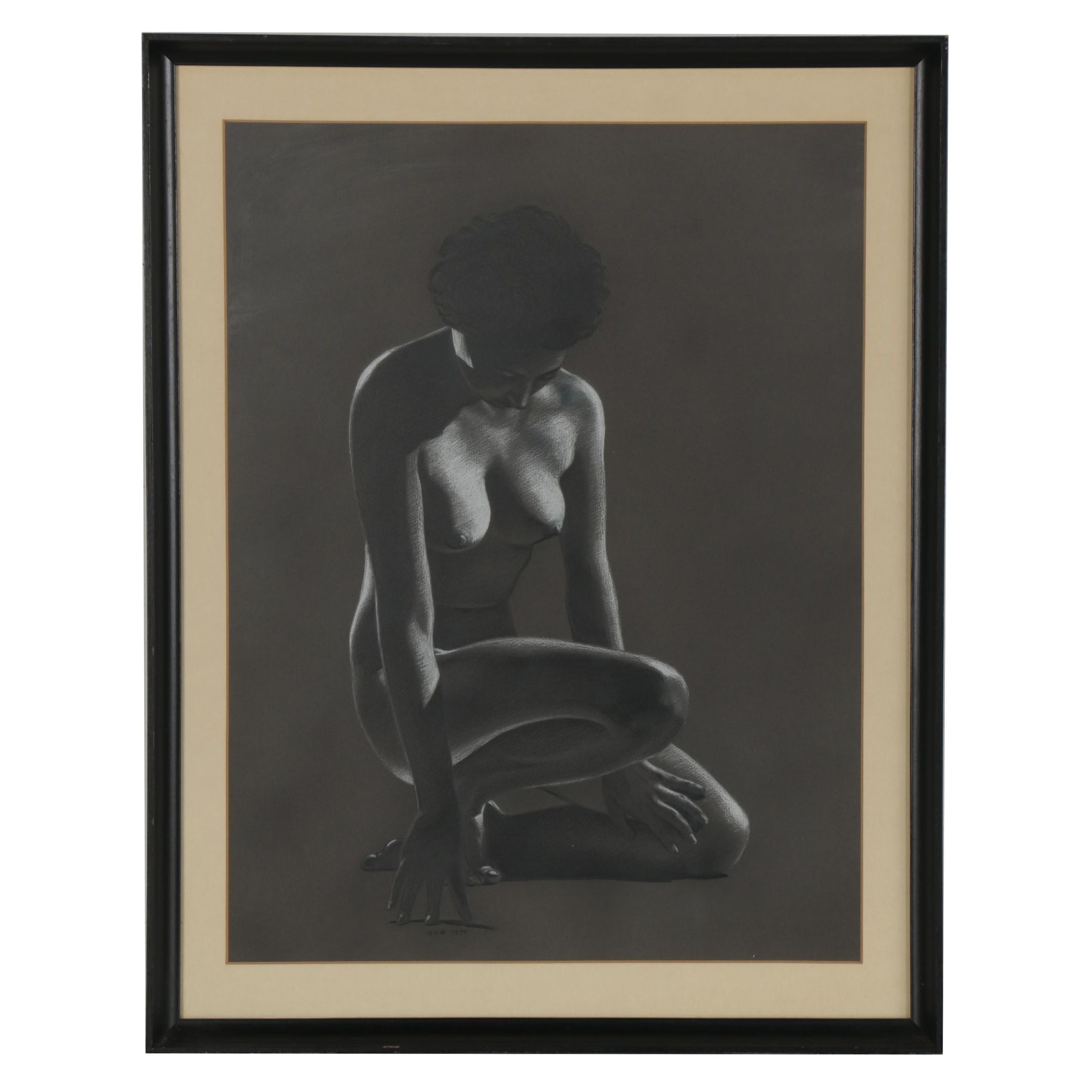 G.H.O. Studio Charcoal and Pastel Drawing of Posed Nude, 1977