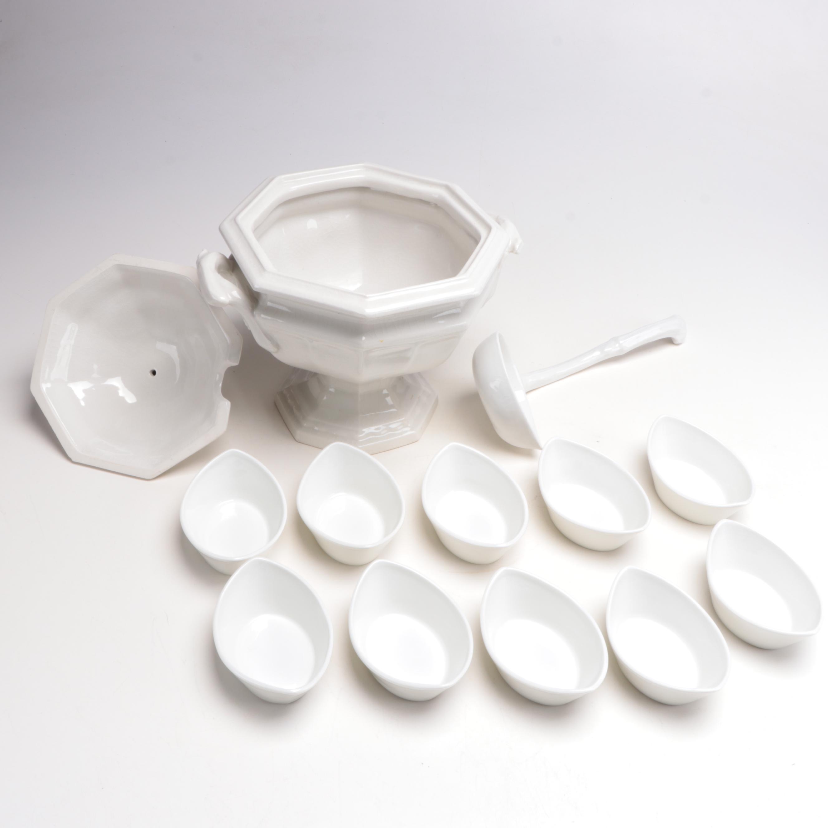 Red Cliff Ironstone "Grape" Tureen with Ladle and Haviland Ramekins