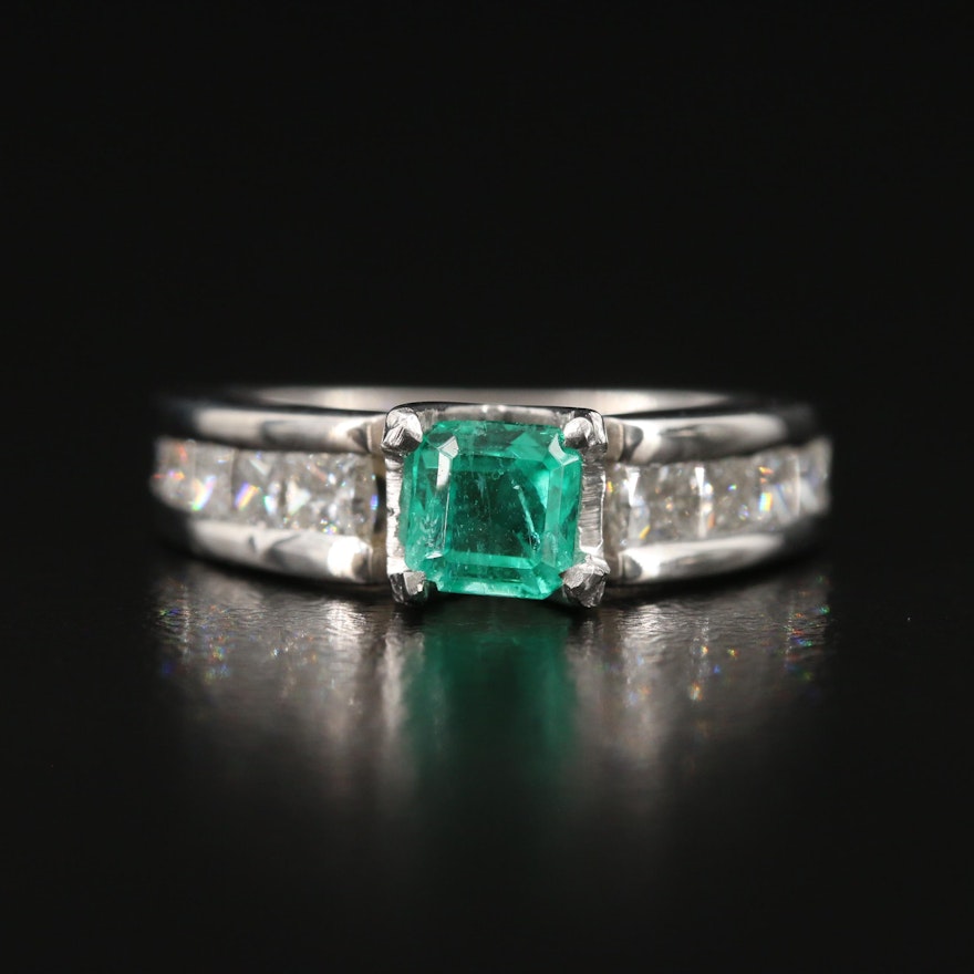 Platinum Emerald and 1.00 CTW Diamond Ring
