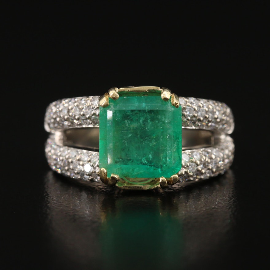 18K 2.19 CT Emerald and 1.00 CTW Diamond Split Shoulder Ring