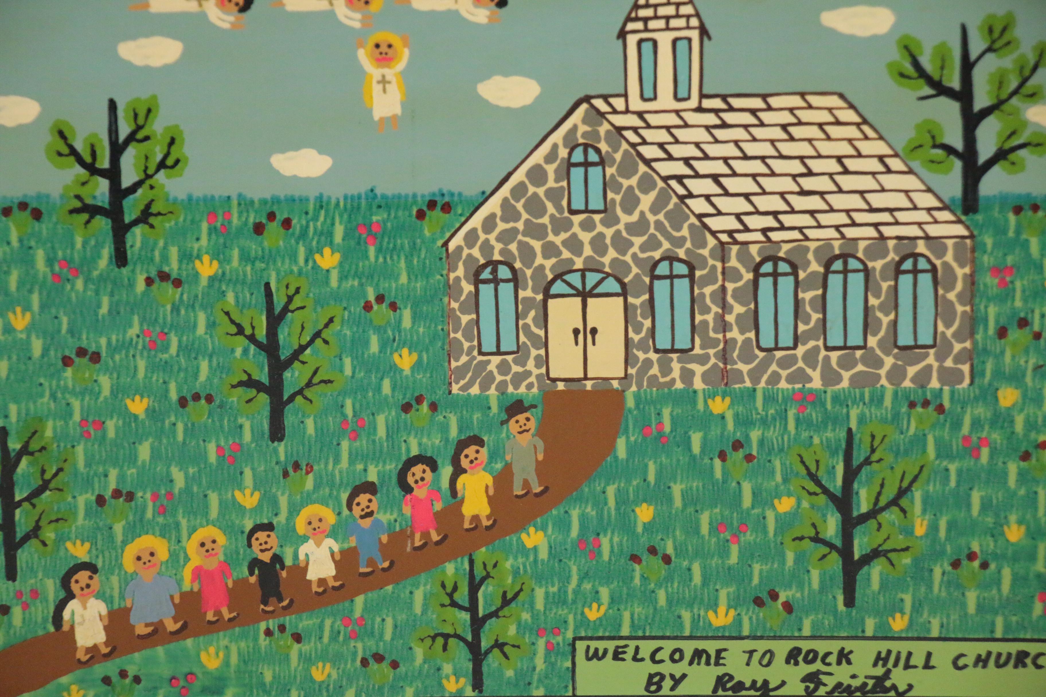 Roy Finster Folk Art Acrylic Painting "Welcome to Rock Hill Church," 1993