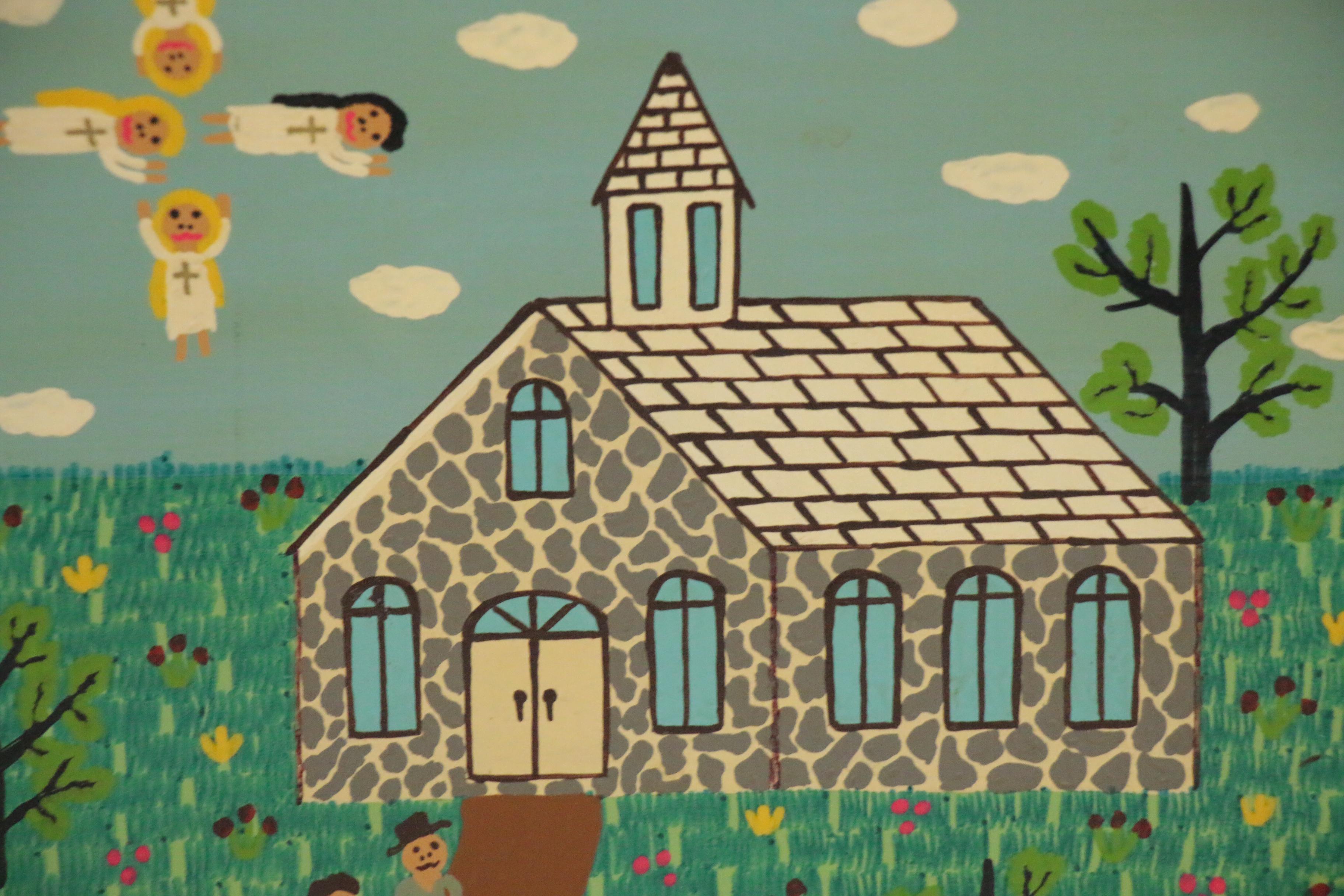 Roy Finster Folk Art Acrylic Painting "Welcome to Rock Hill Church," 1993