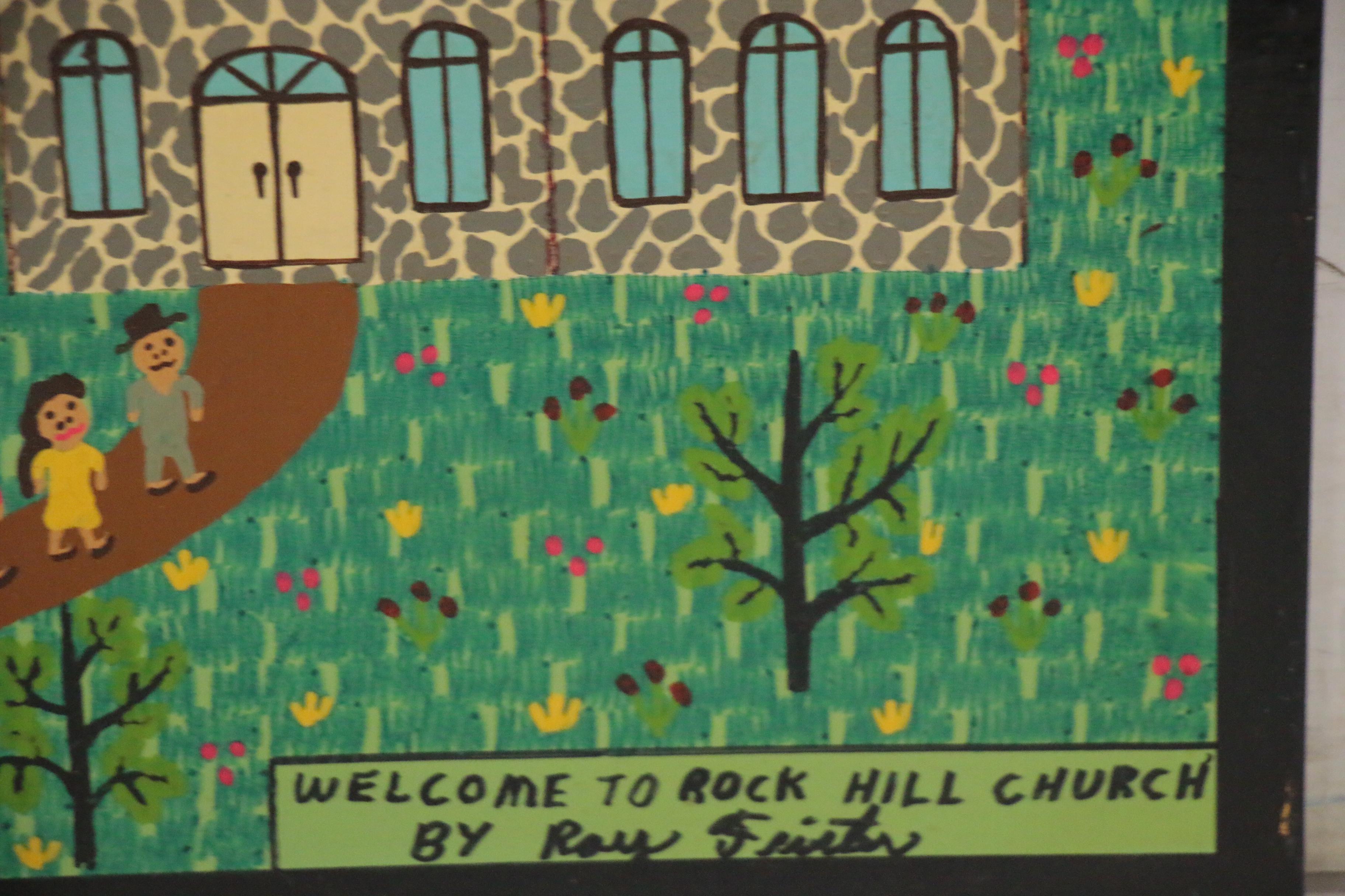 Roy Finster Folk Art Acrylic Painting "Welcome to Rock Hill Church," 1993