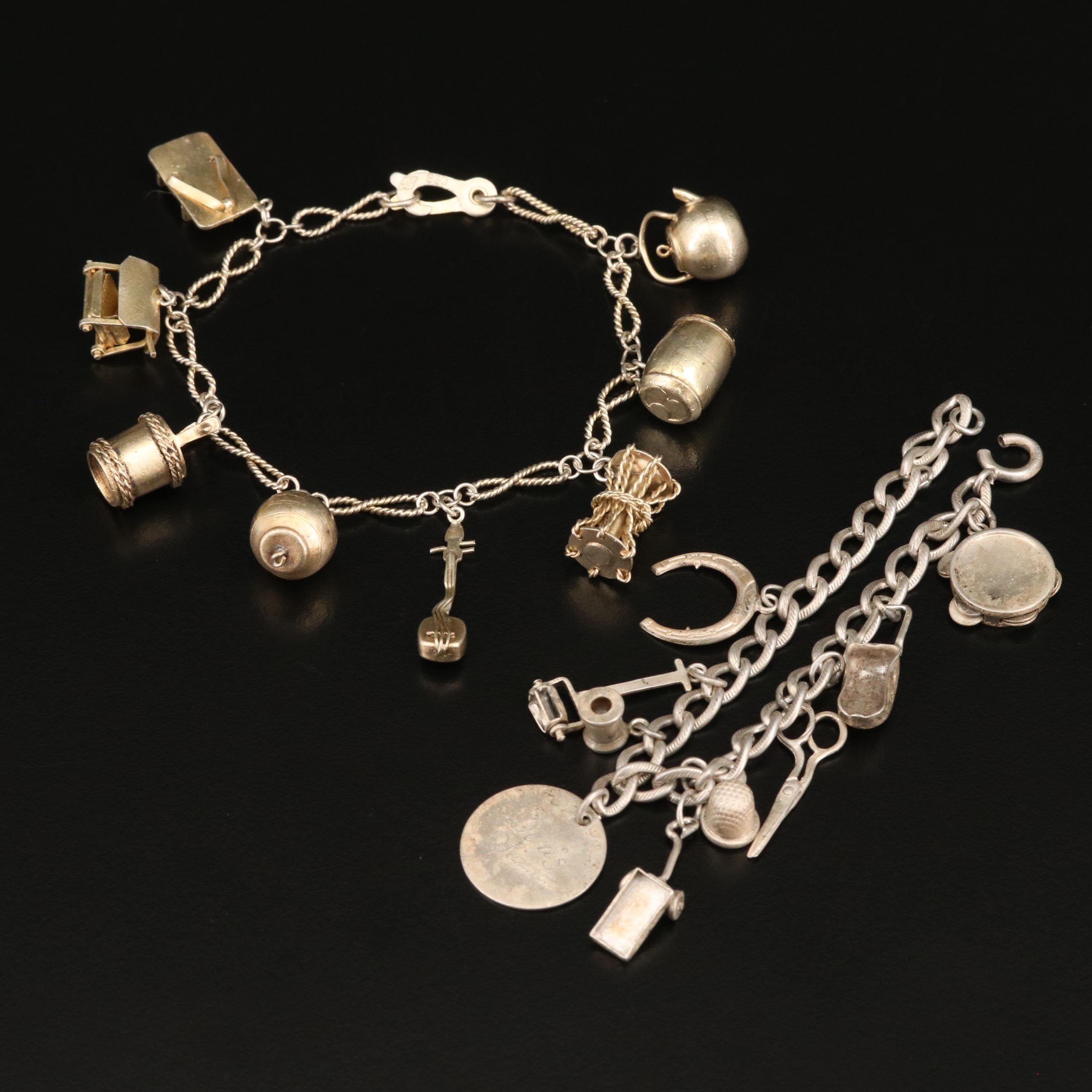 Vintage Sterling and 950 Silver Charm Bracelets with Drum and Tambourine Charms