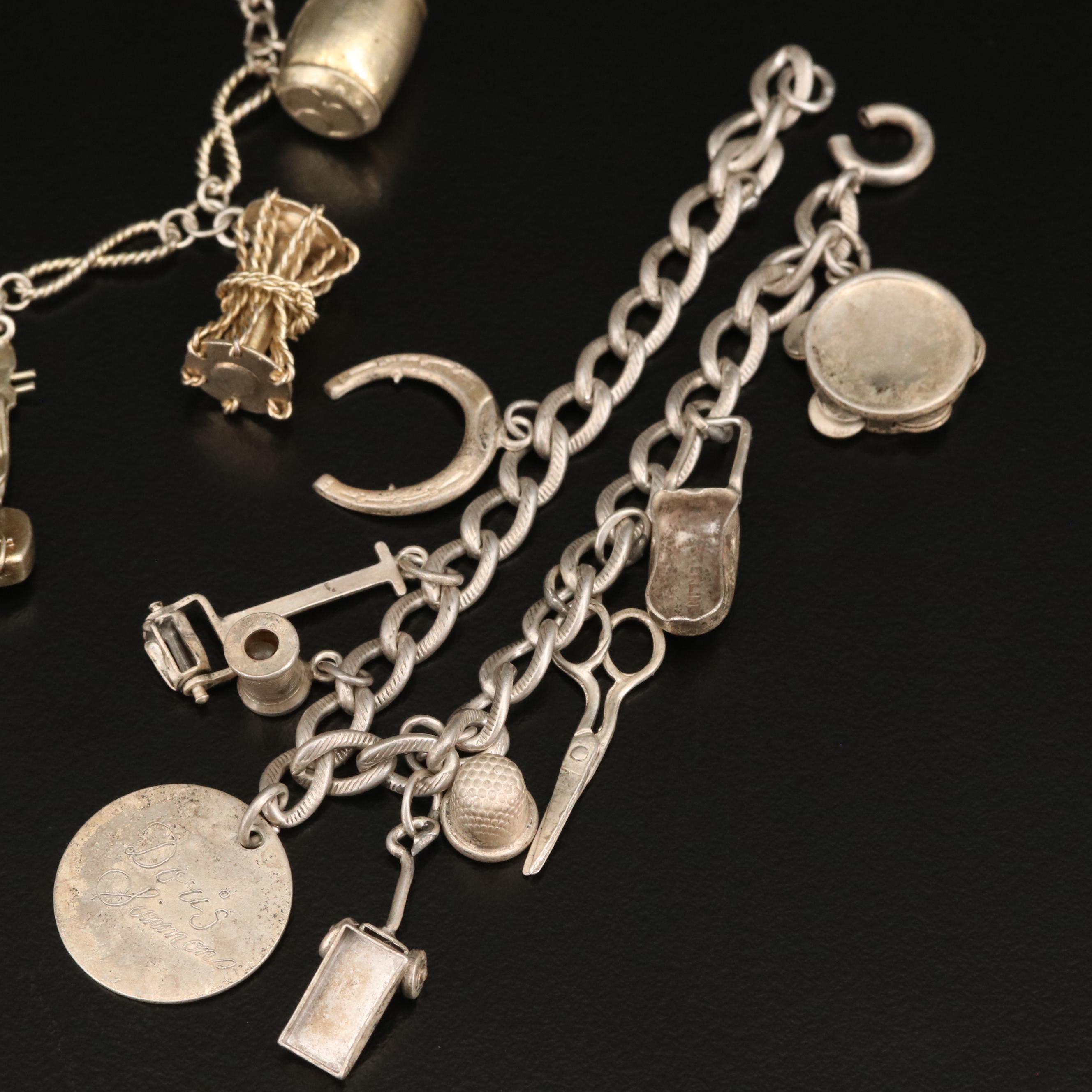 Vintage Sterling and 950 Silver Charm Bracelets with Drum and Tambourine Charms