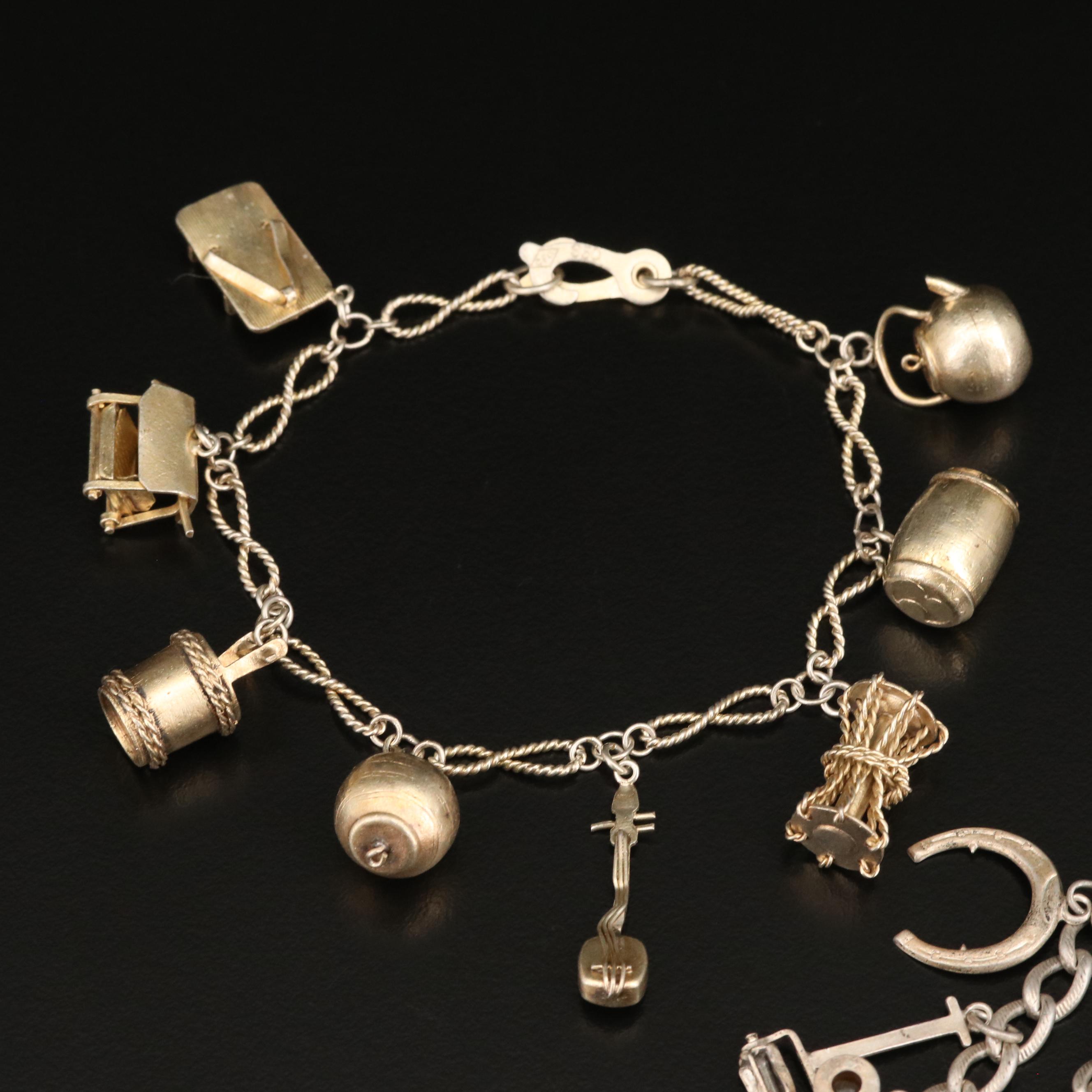 Vintage Sterling and 950 Silver Charm Bracelets with Drum and Tambourine Charms