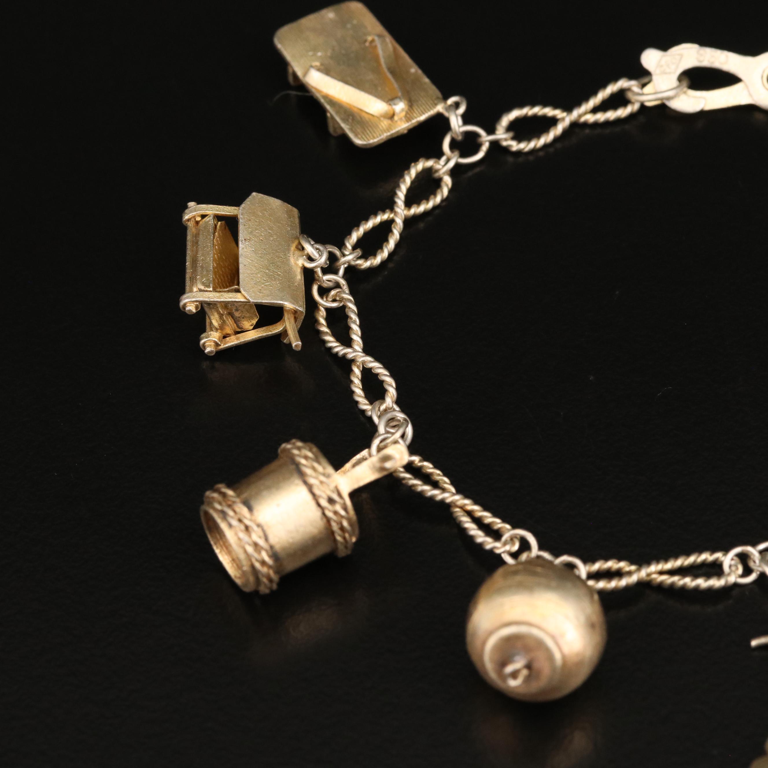 Vintage Sterling and 950 Silver Charm Bracelets with Drum and Tambourine Charms