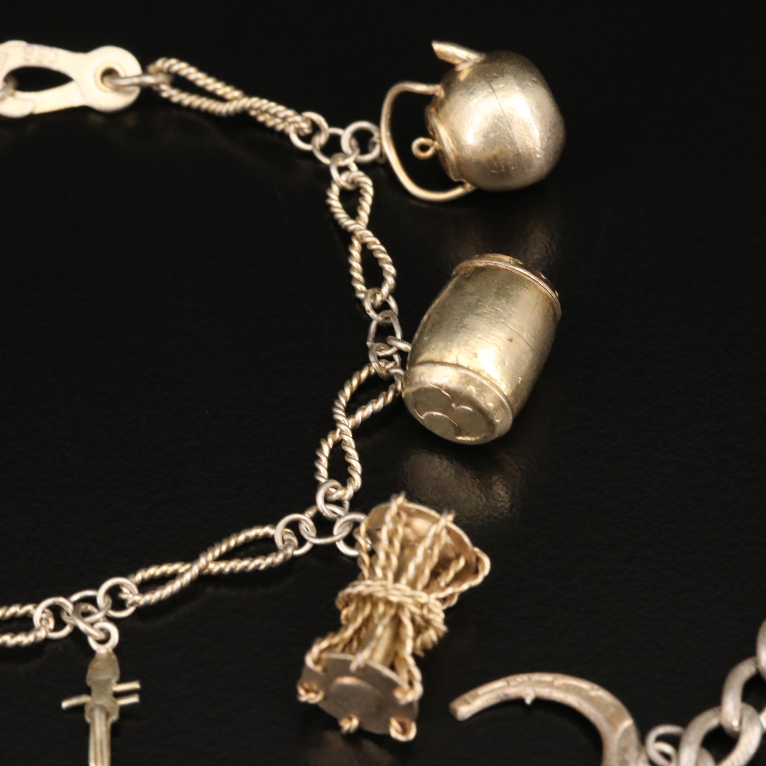 Vintage Sterling and 950 Silver Charm Bracelets with Drum and Tambourine Charms