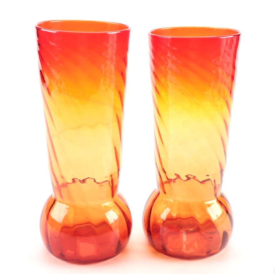 Pair of Amberina Blown Art Glass Swirl Vases, Mid to Late 20th Century