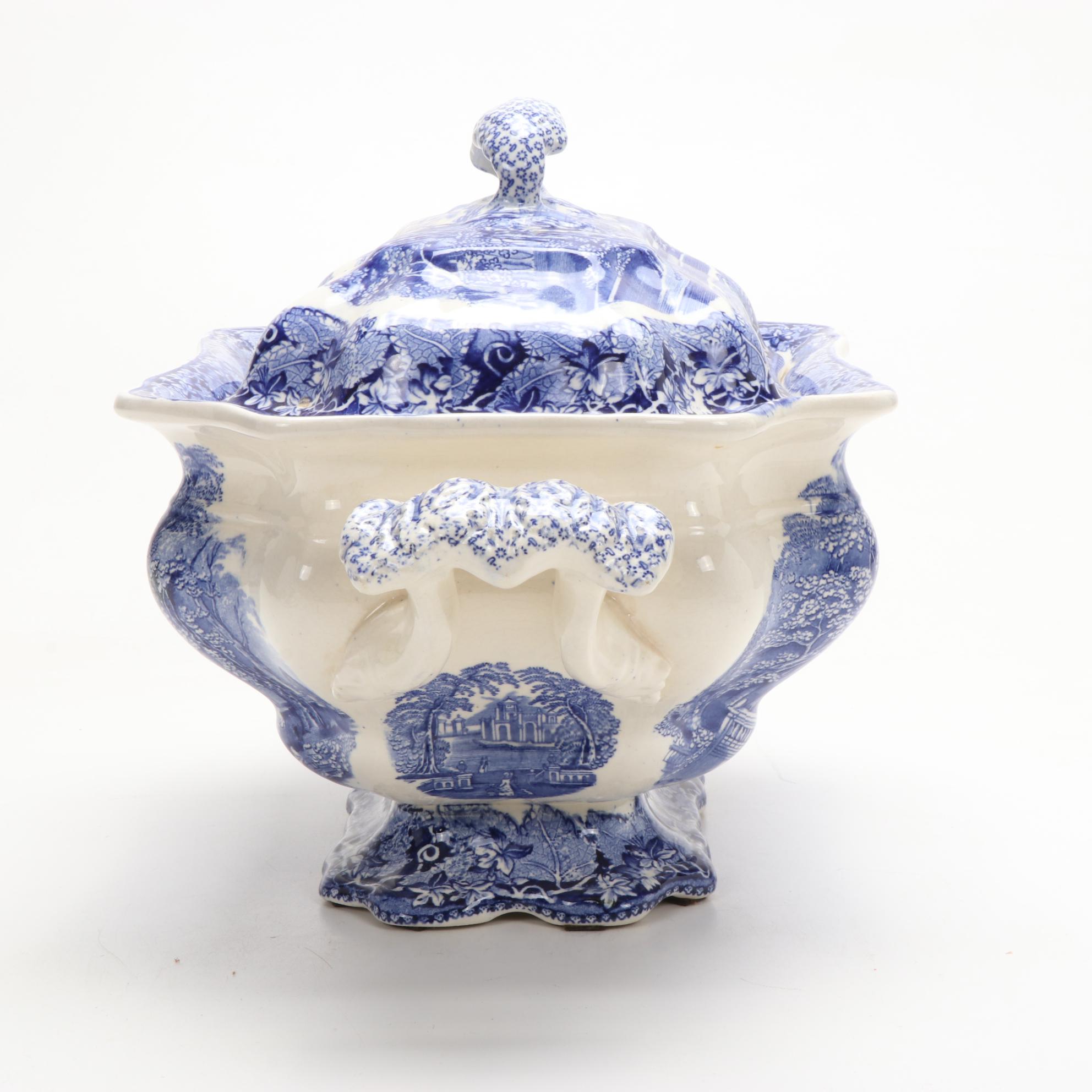 Mason's "Vista" Blue Transferware Ironstone Plate and Tureen with Underplate