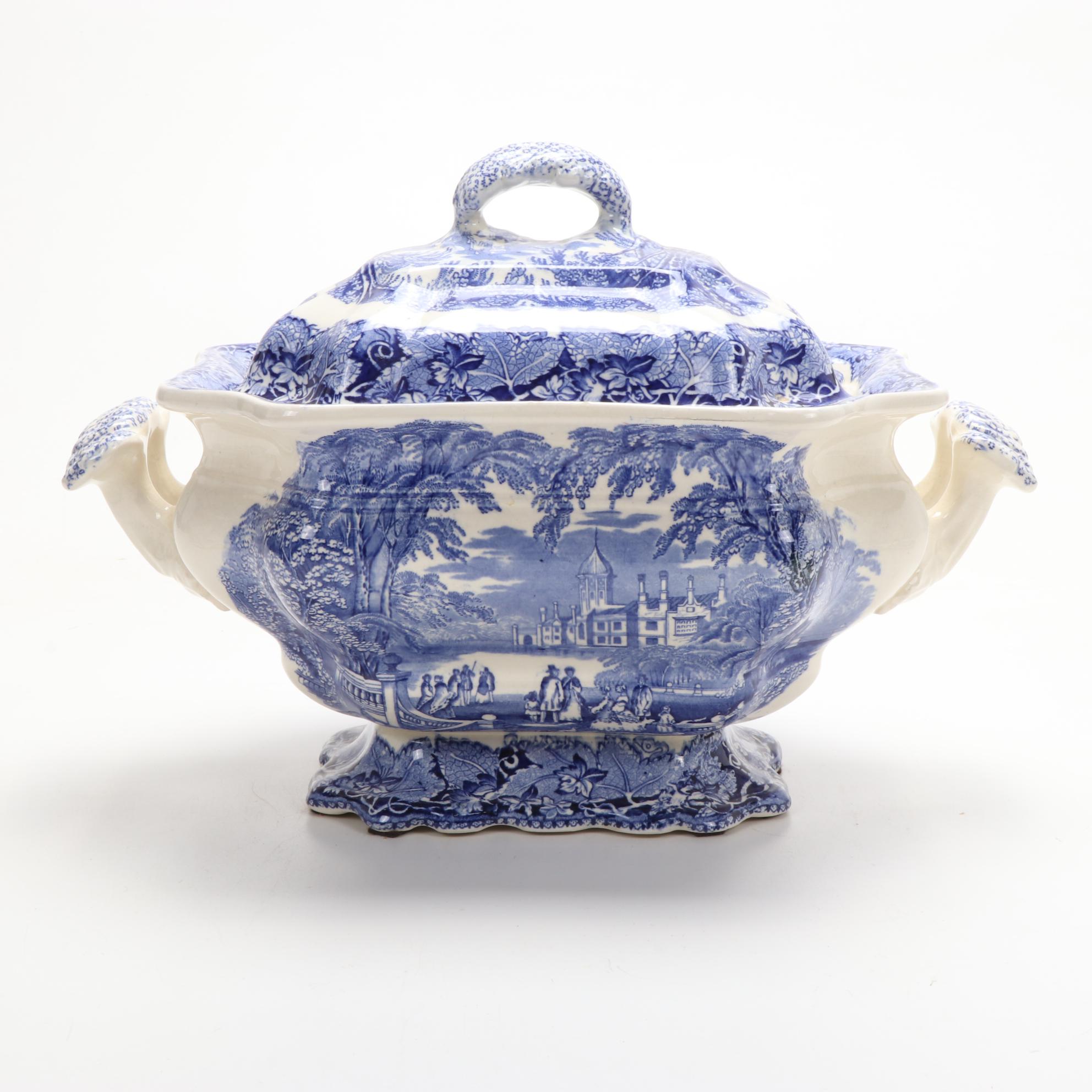 Mason's "Vista" Blue Transferware Ironstone Plate and Tureen with Underplate