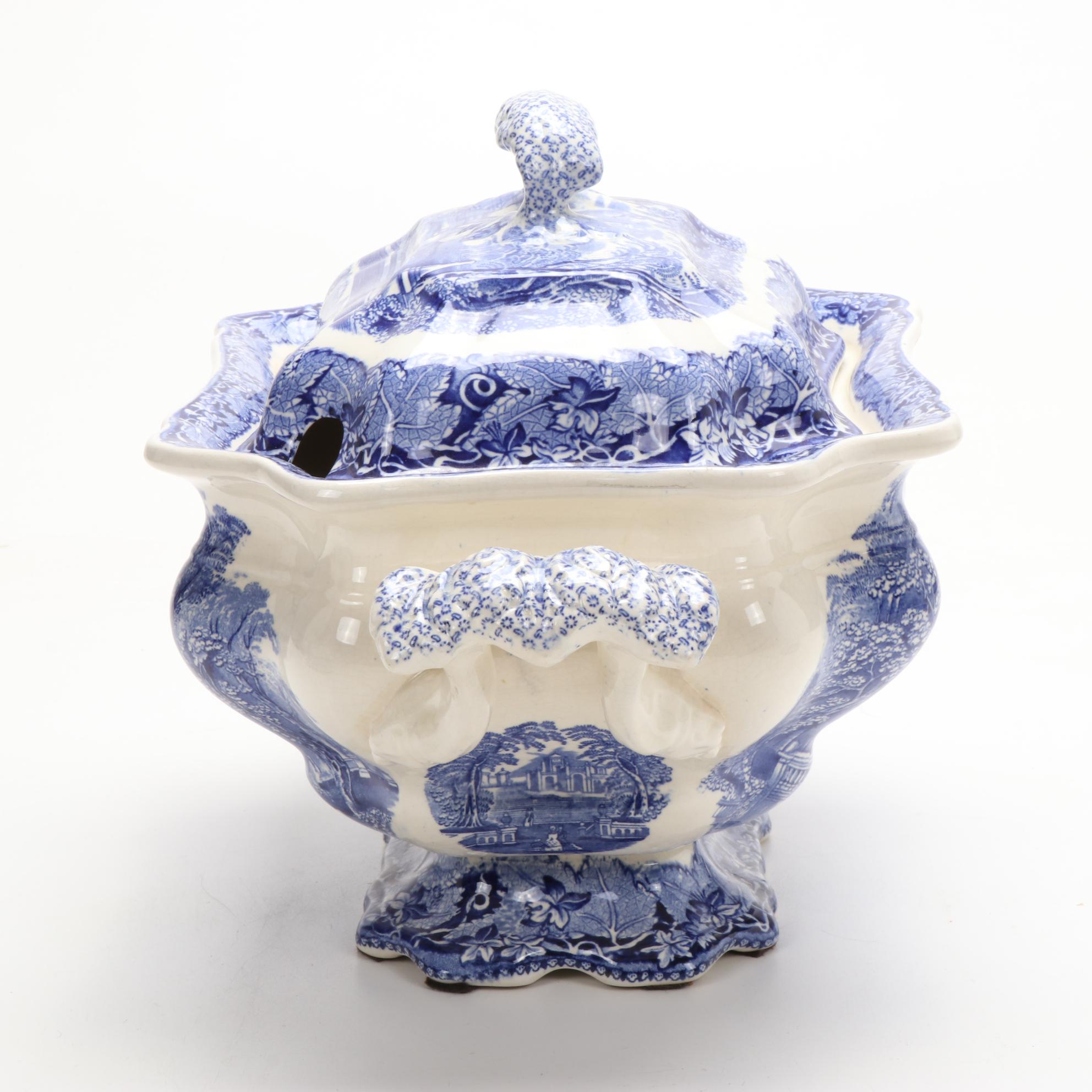 Mason's "Vista" Blue Transferware Ironstone Plate and Tureen with Underplate