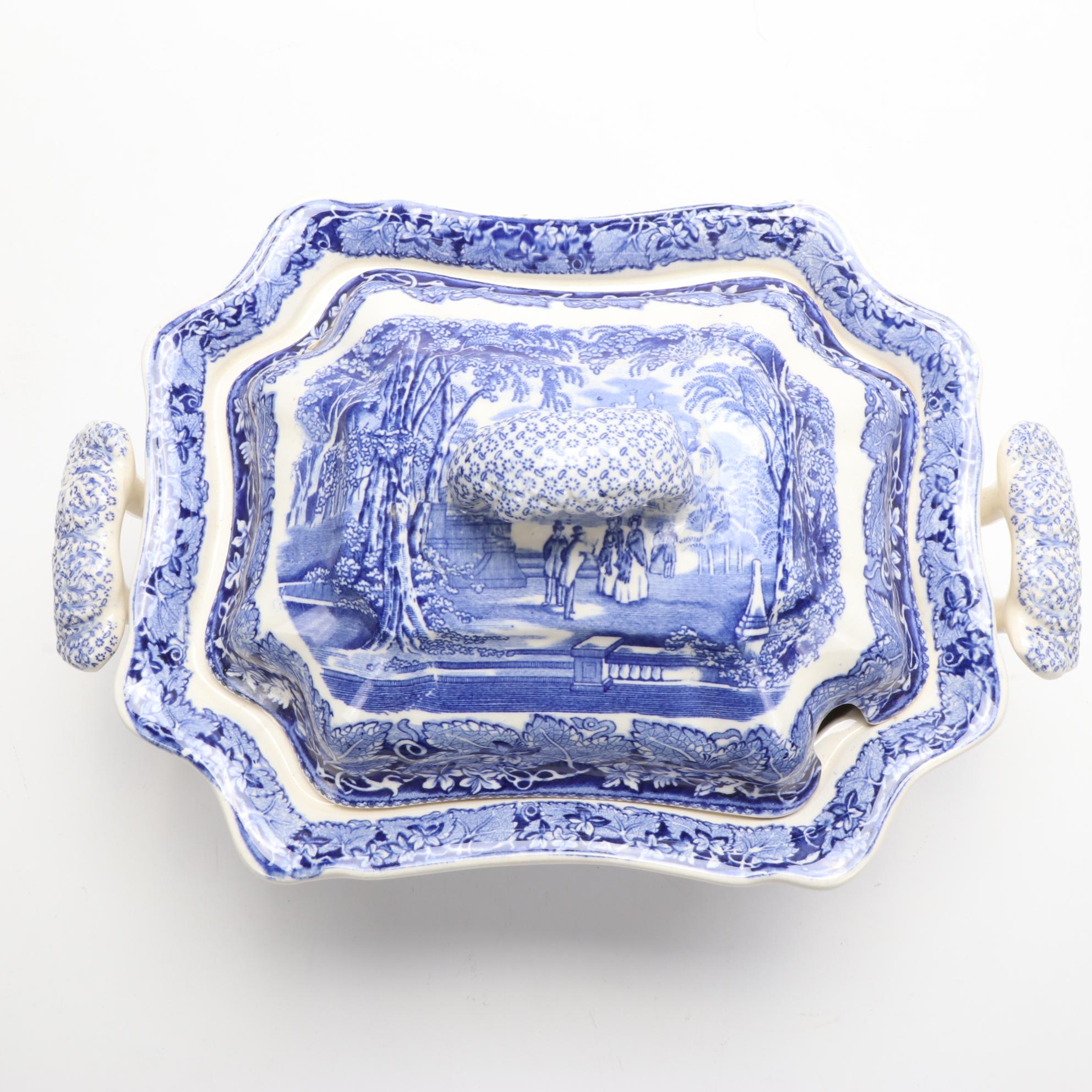 Mason's "Vista" Blue Transferware Ironstone Plate and Tureen with Underplate