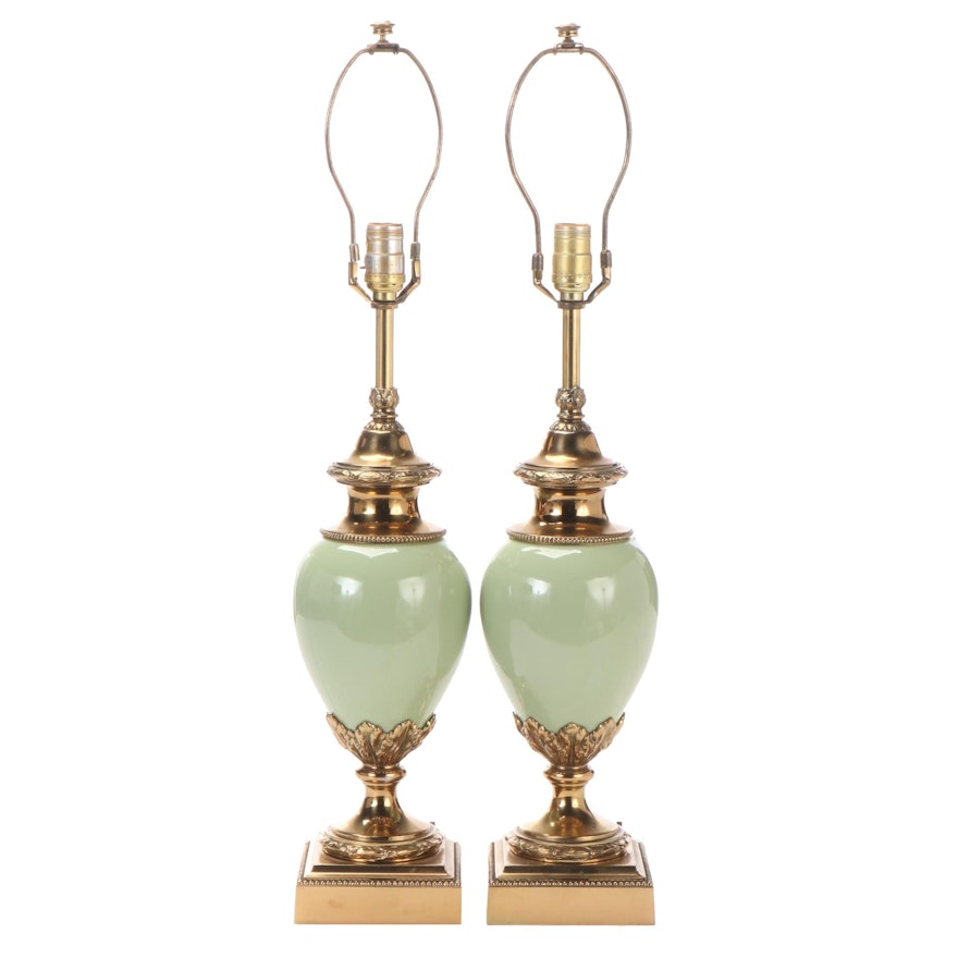 Pair of Stiffel Hollywood Regency Style Celadon Ceramic and Brass Table Lamps
