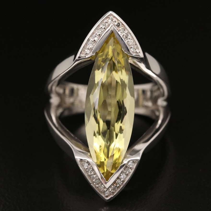 EFFY 14K Elongated Marquise Citrine and Diamond Ring