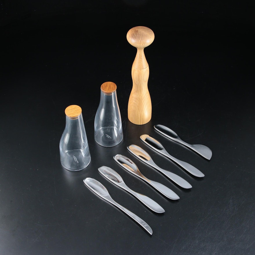 Georg Jensen "Barbry" Glass Carafes, Wood Pepper Grinder, and Cheese Knives