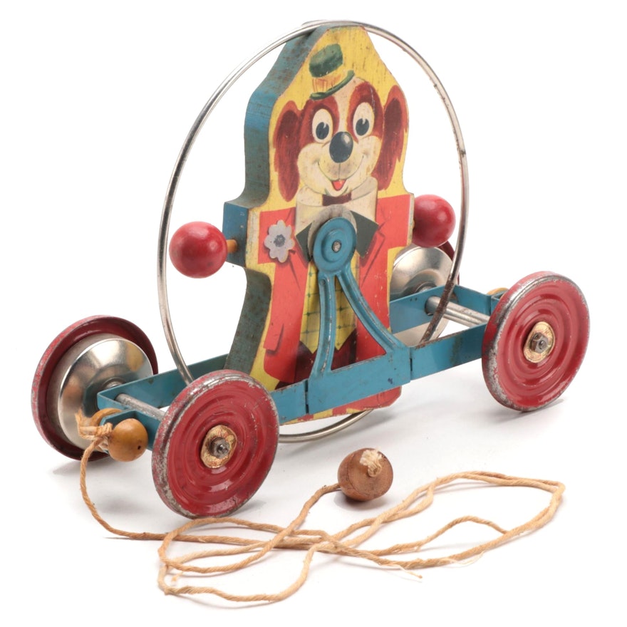 The Gong Bell Co. Wooden and Metal Dog Pull Toy, Mid-20th Century