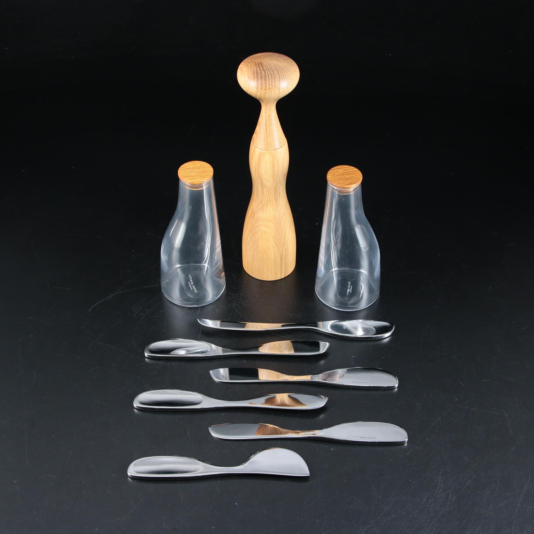 Georg Jensen "Barbry" Glass Carafes, Wood Pepper Grinder and Cheese Knives