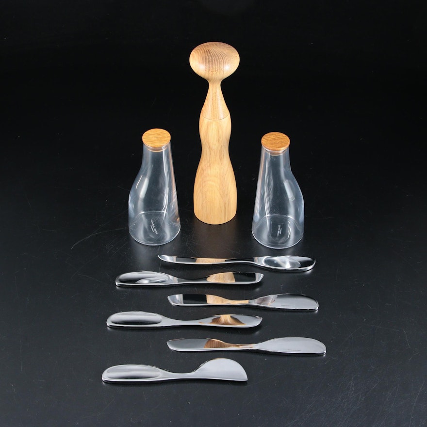 Georg Jensen "Barbry" Glass Carafes, Wooden Pepper Mill and Cheese Knives