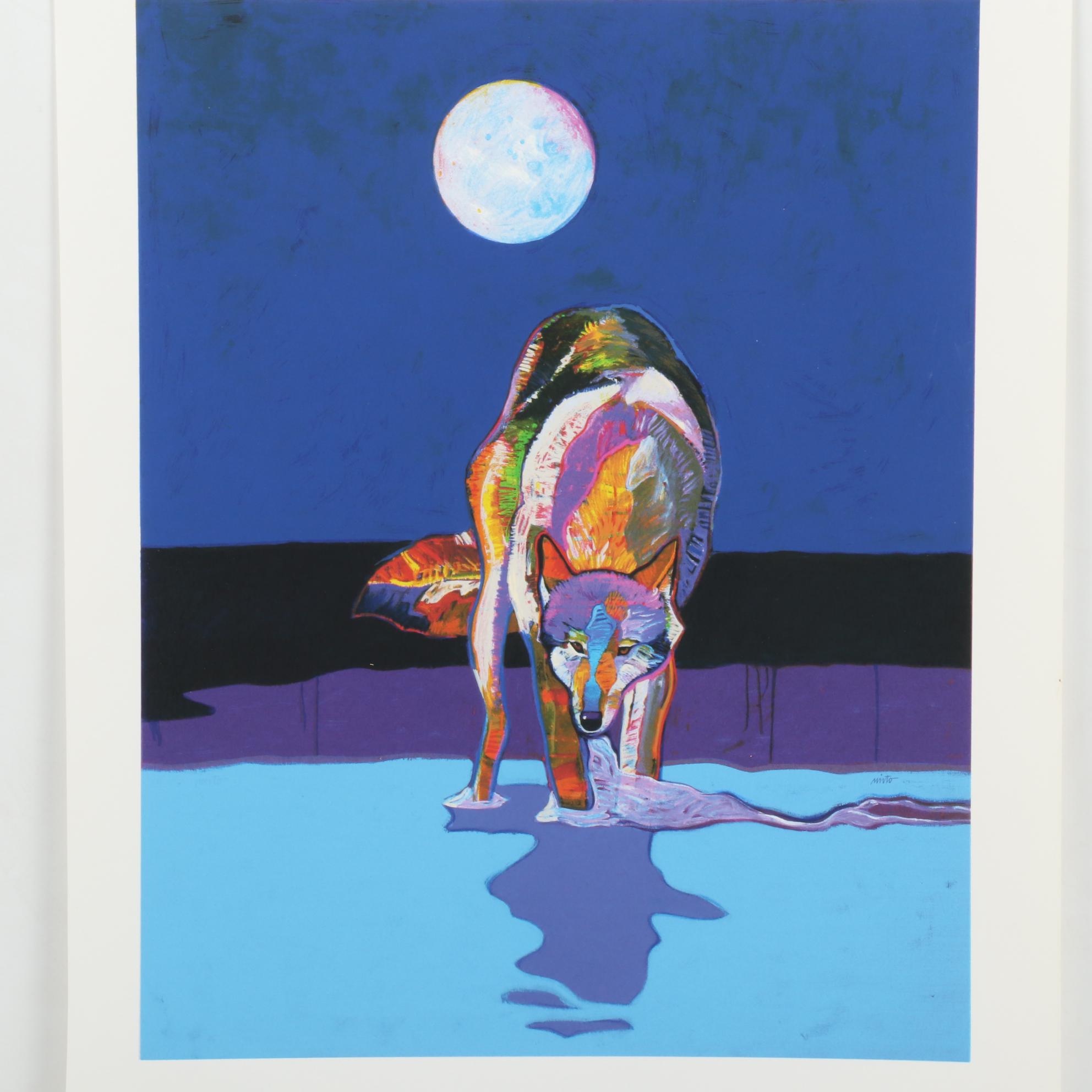 John Nieto Serigraph "Wolf Drinking Water by Moonlight"