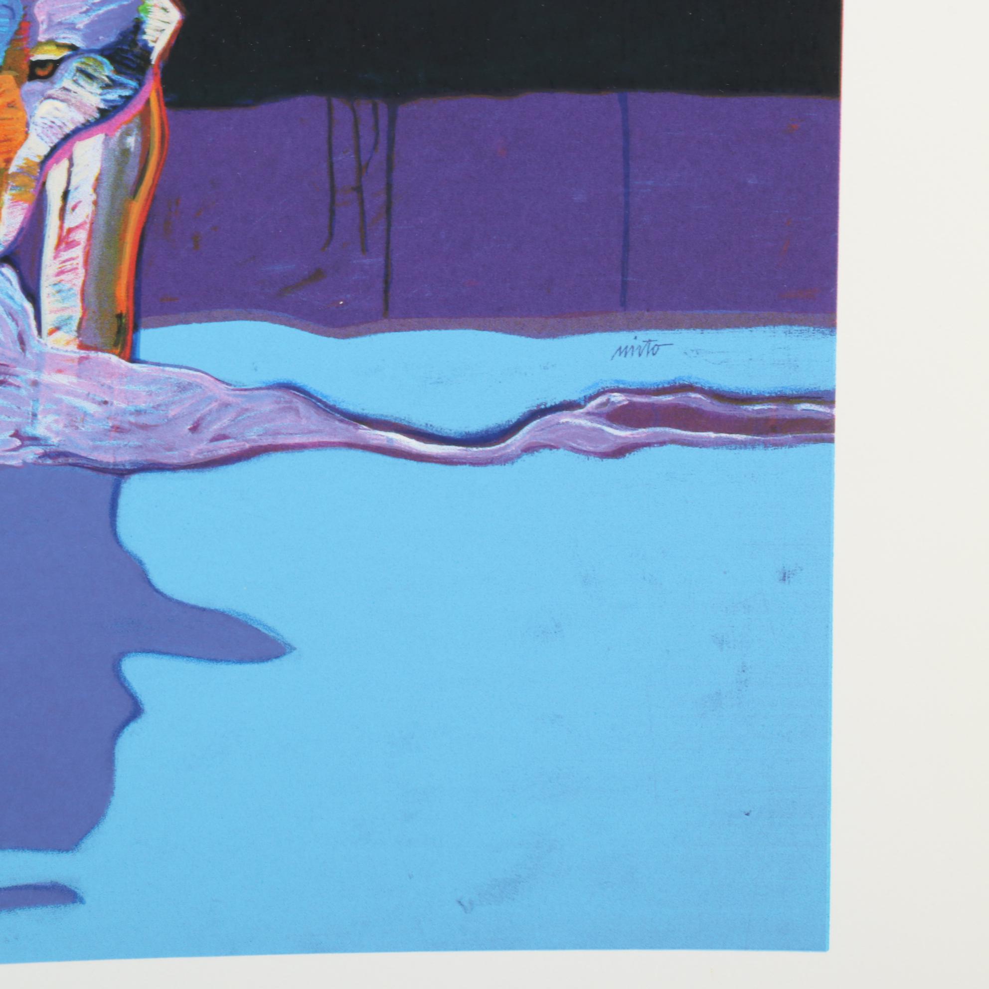 John Nieto Serigraph "Wolf Drinking Water by Moonlight"