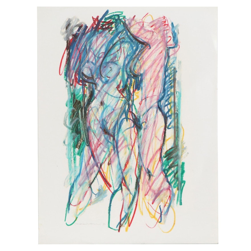 Jack Meanwell Abstract Pastel Drawing of Figure Study, 1980