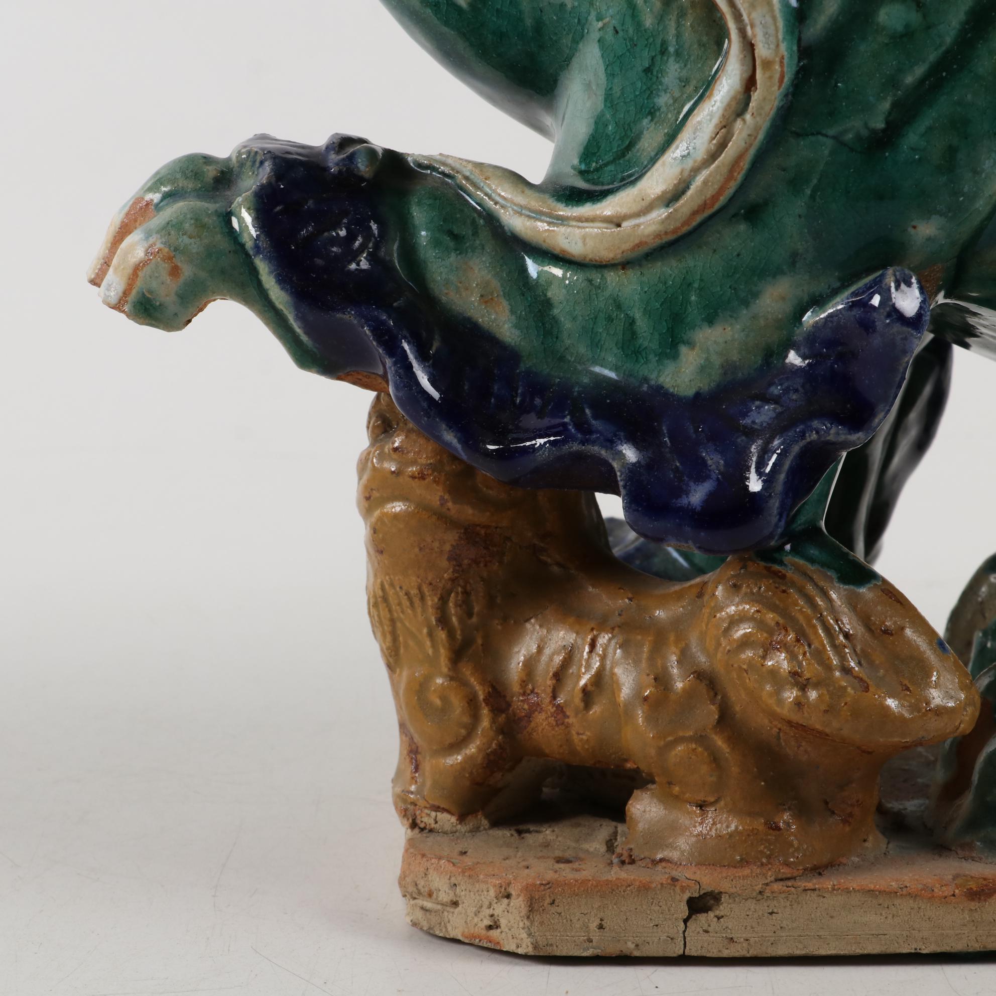 Chinese Sancai Glazed Pottery Guardian Lion Roof Tile