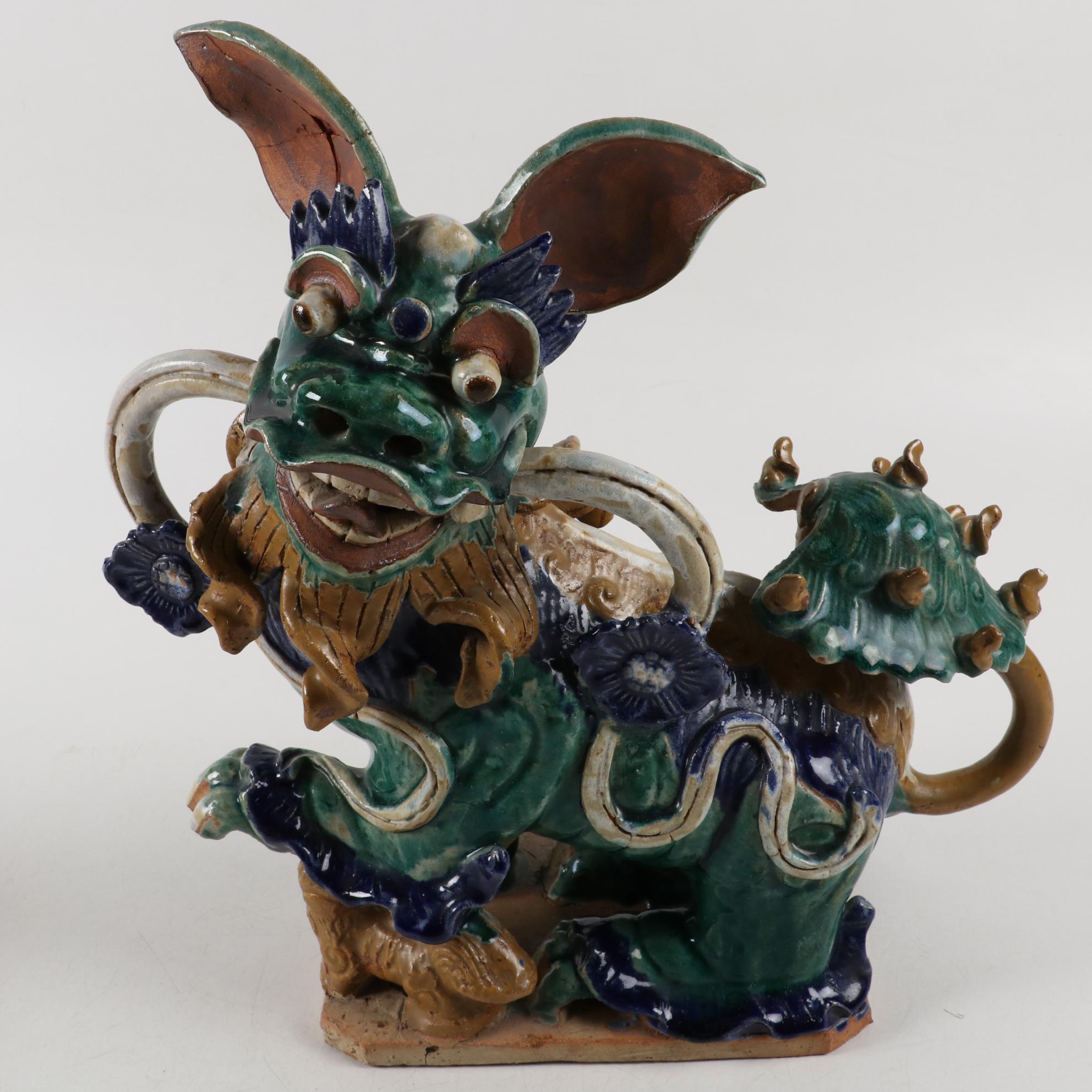 Chinese Sancai Glazed Pottery Guardian Lion Roof Tile