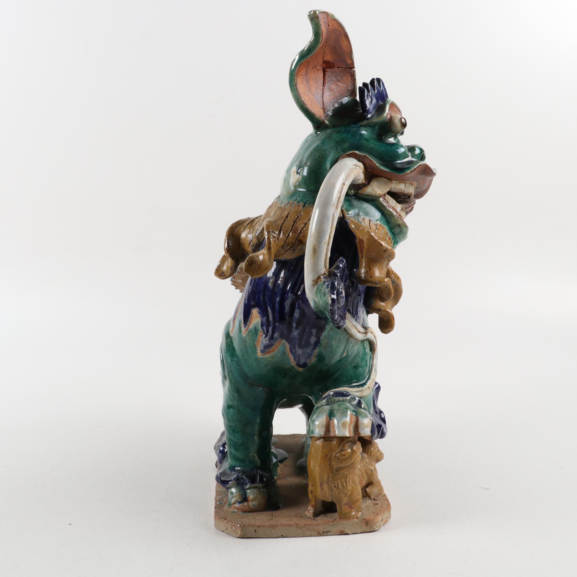 Chinese Sancai Glazed Pottery Guardian Lion Roof Tile