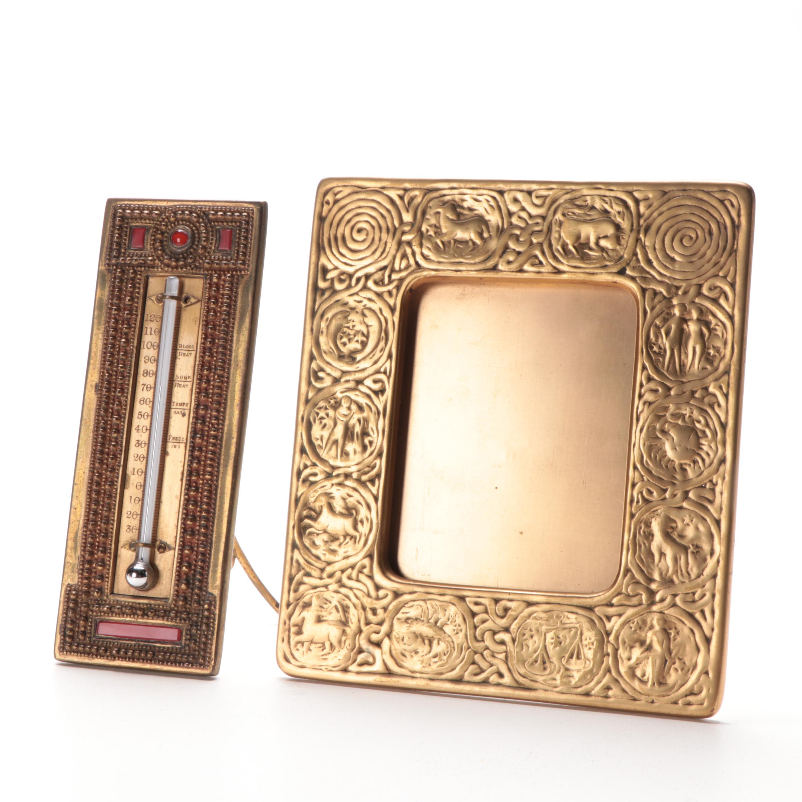 Tiffany Studios Bronze Zodiac Frame and Desk Thermometer